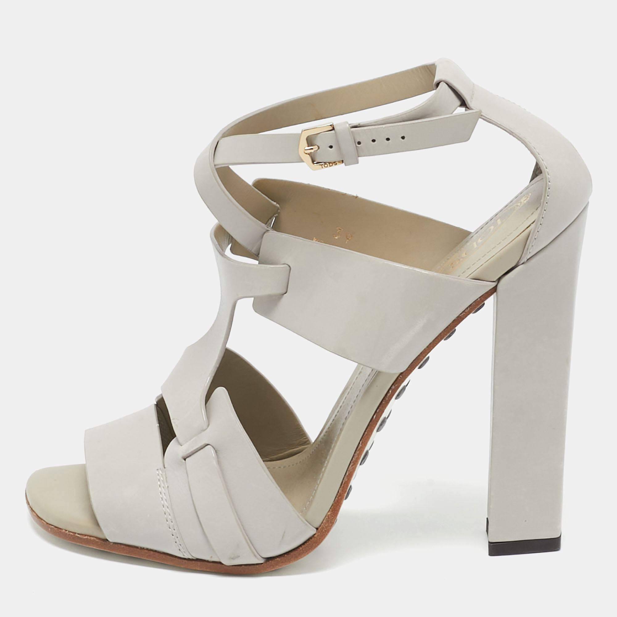 

Tod's Grey Leather Cutout Block Heel Ankle Strap Sandals Size