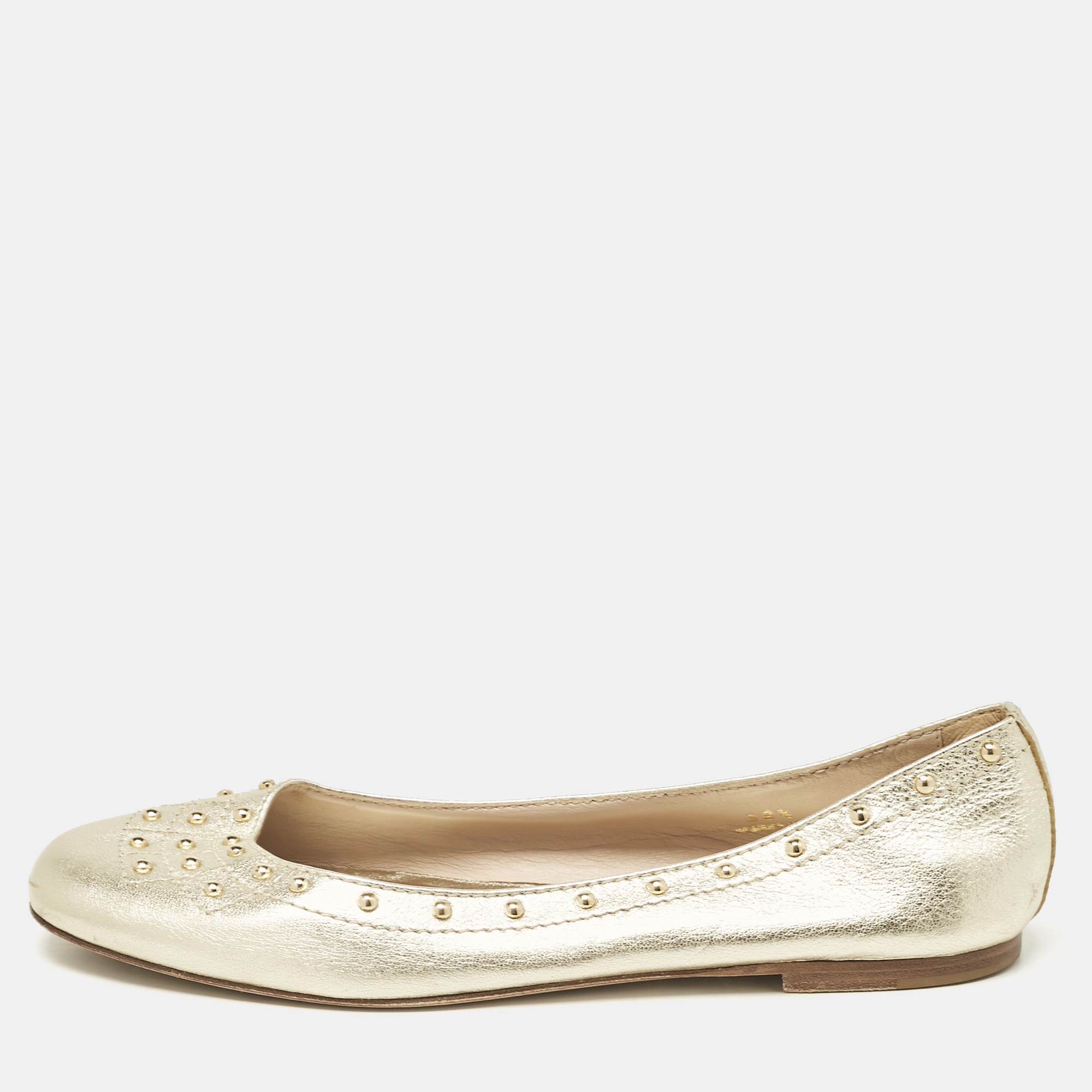 

Tod's Metallic Gold Leather Studded Ballet Flats Size