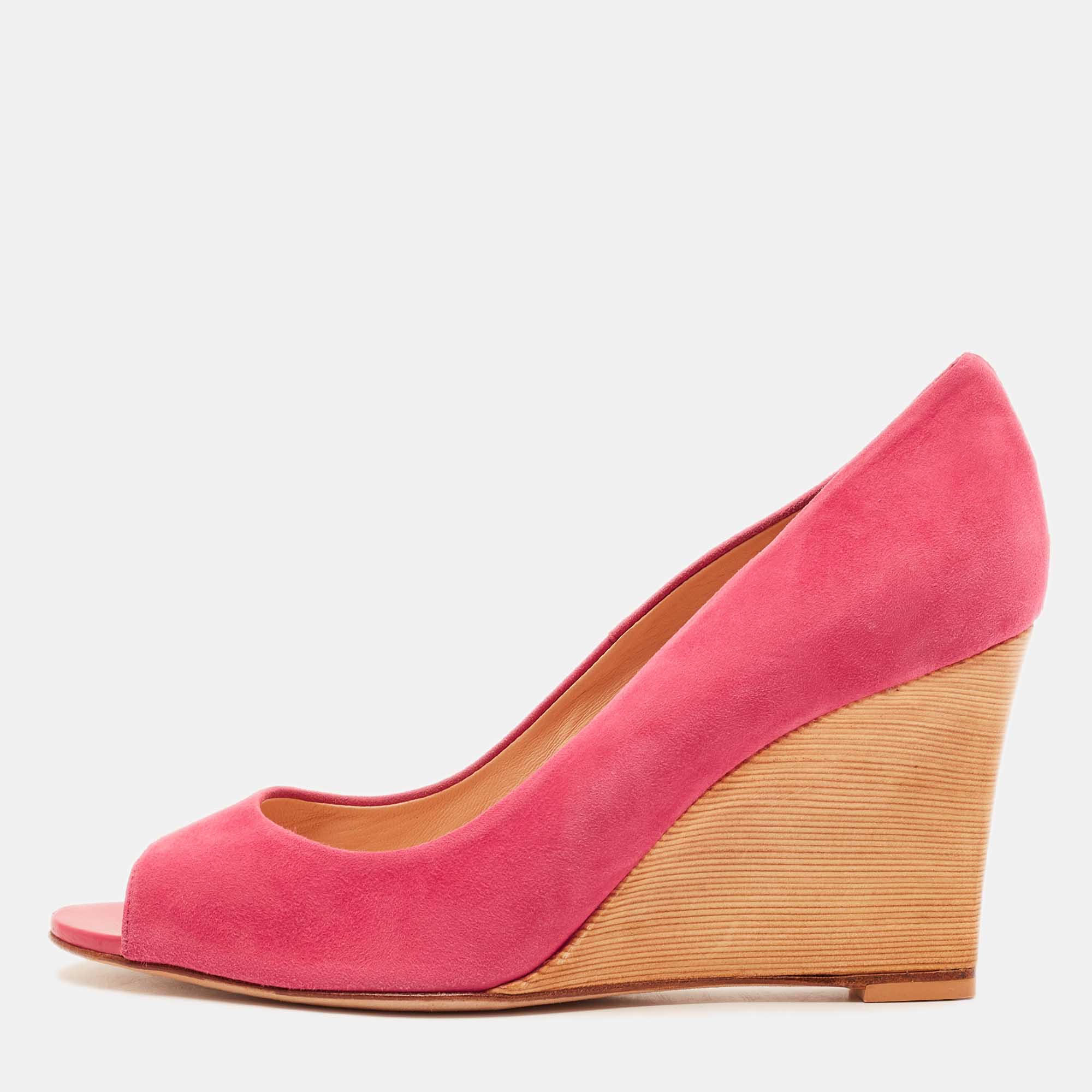 

Tod's Bright Pink Suede Open Toe Wedge Pumps Size