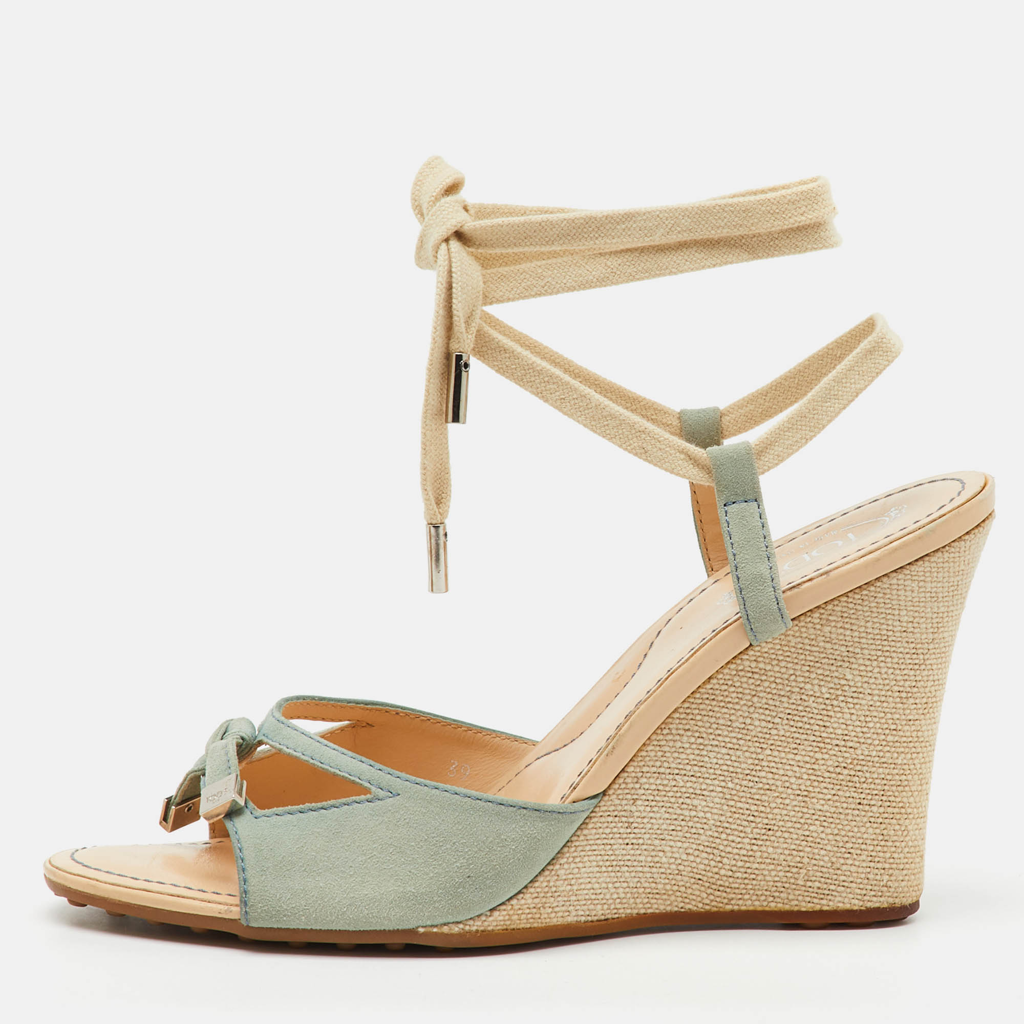 

Tod's Pale Blue Suede Ankle Wrap Wedge Sandals Size