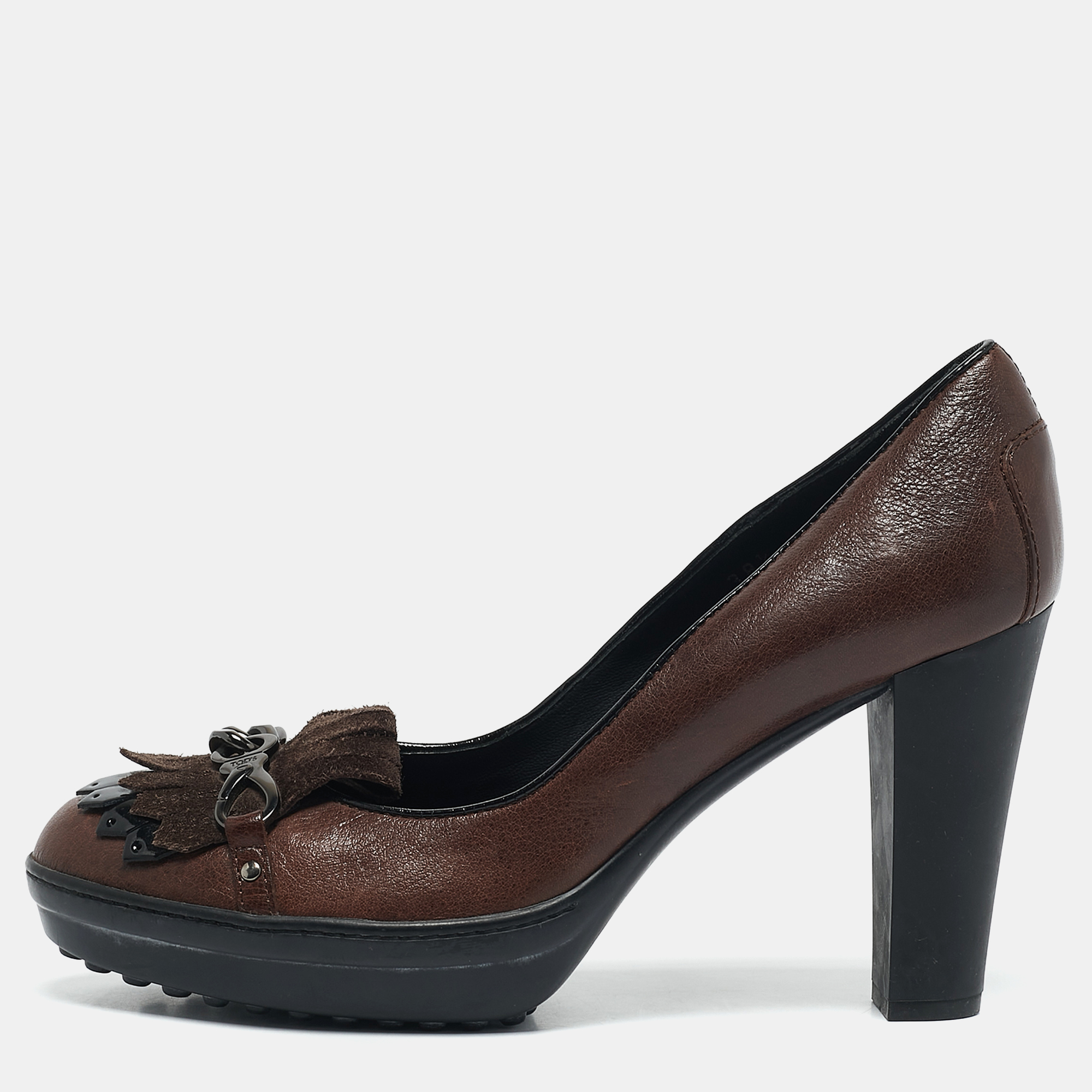 

Tod's Brown Leather and Suede Fringe Platform Pumps Size