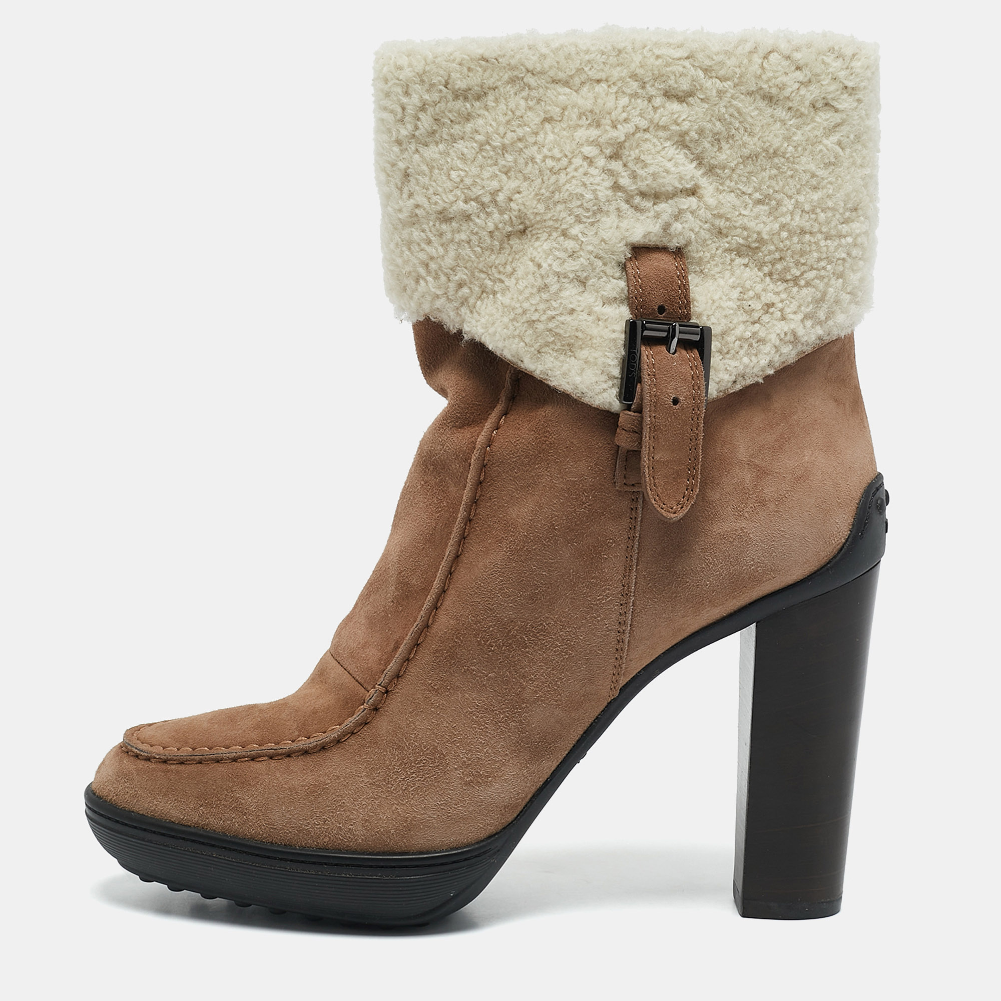

Tod's Brown/Cream Shearling and Suede Ankle Length Boots Size