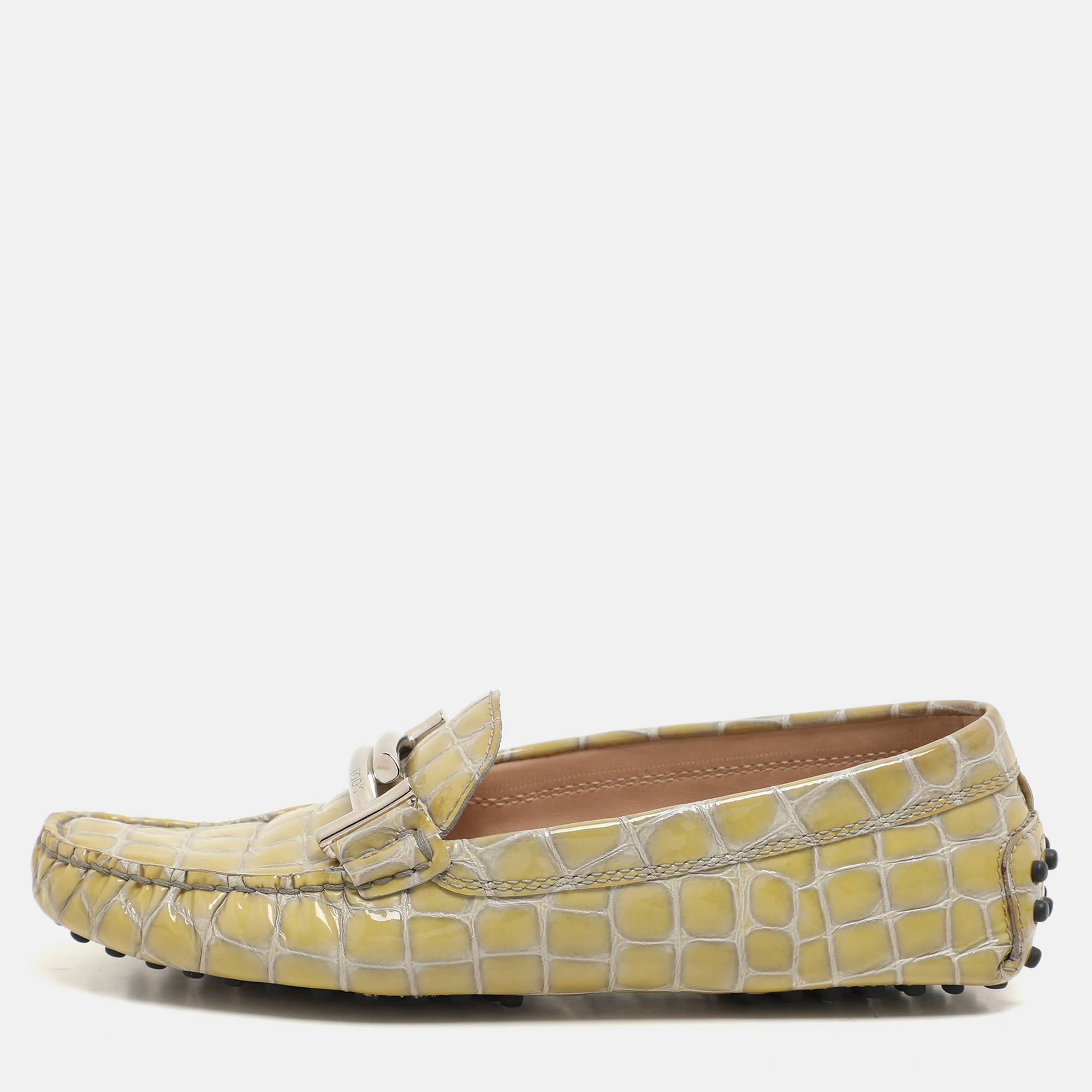 

Tod's Yellow Croc Embossed Patent Leather Loafers Size 36