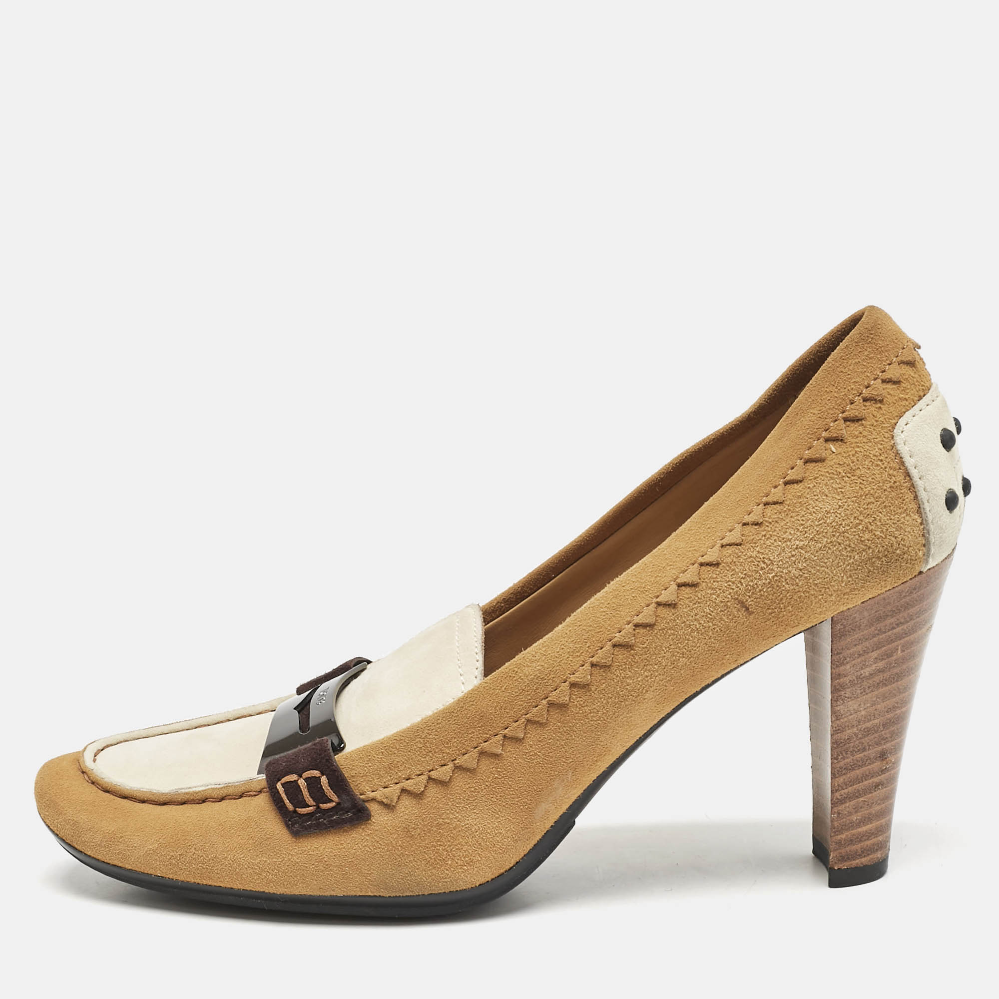 

Tod's Brown/White Suede Penny Loafer Pumps Size