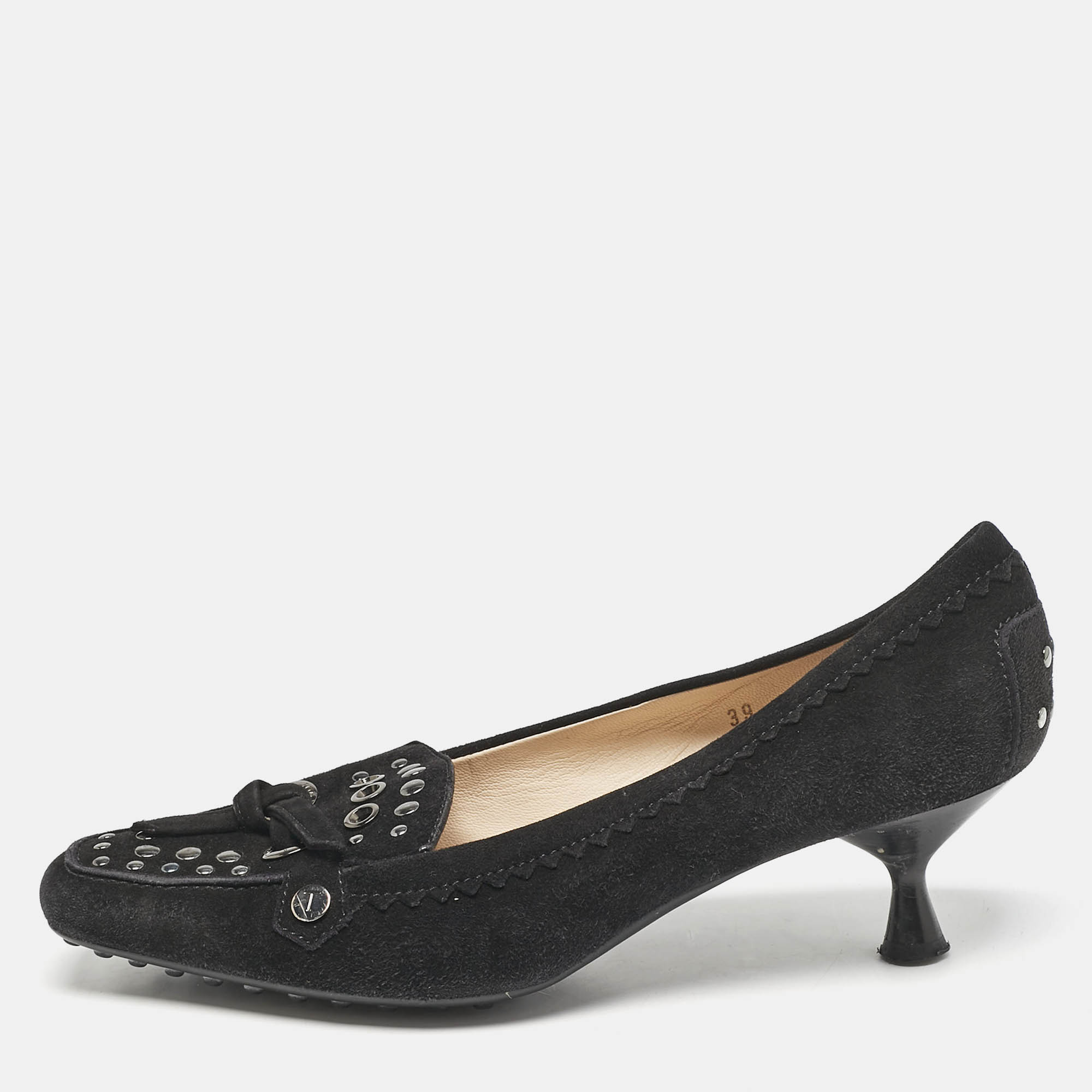 

Tod's Black Suede Embellished Loafer Pumps Size
