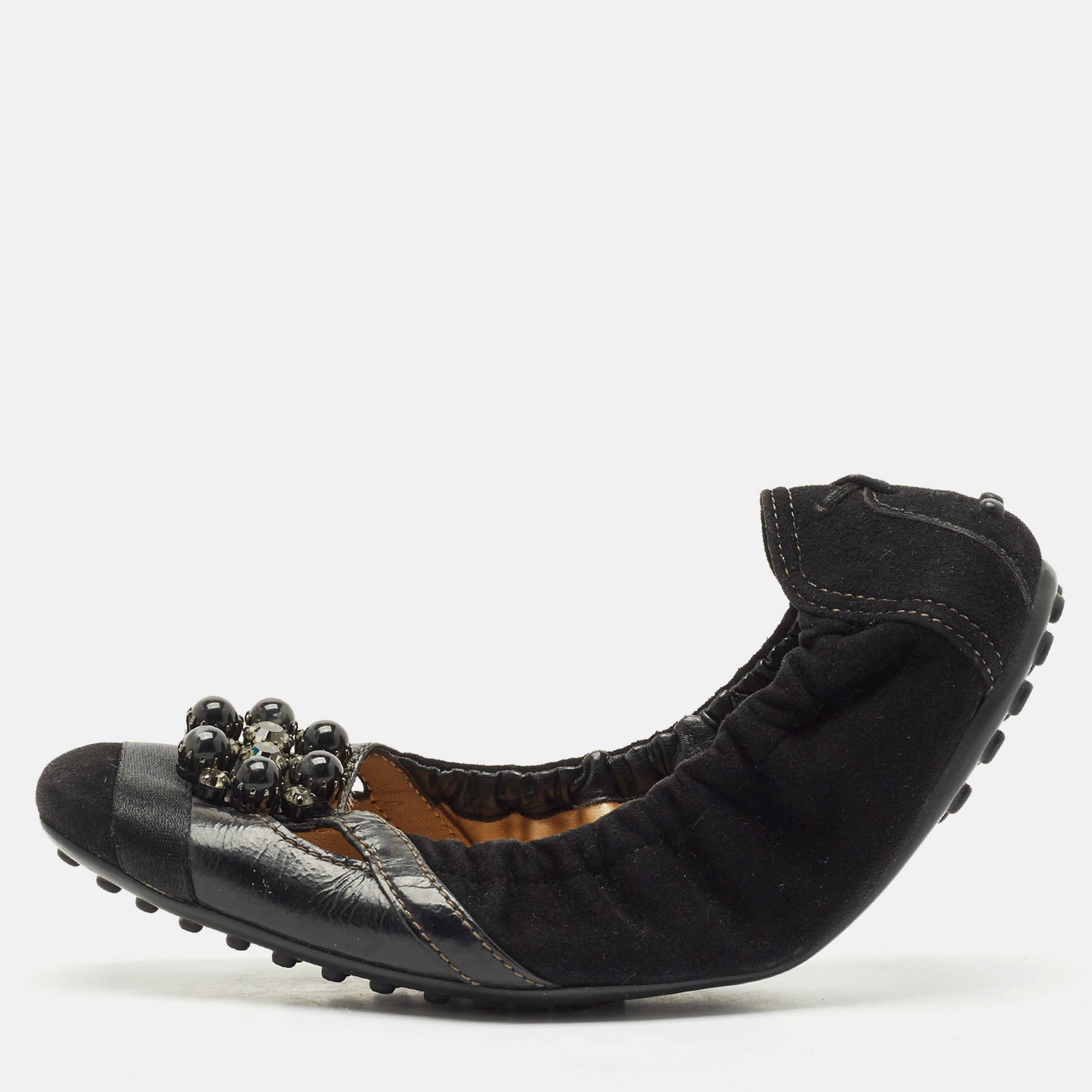 

Tod's Black Suede Scrunch Crystal Embellished Bow Ballet Flats Size