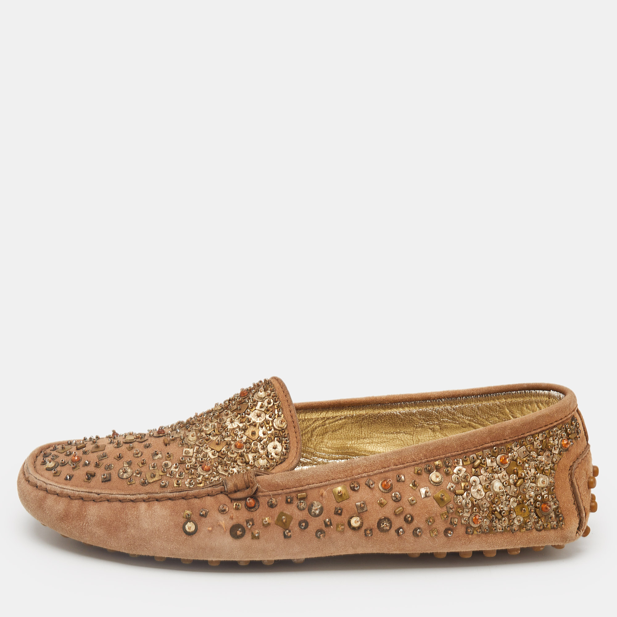 

Tod's Brown Suede Crystal Embellished Driver Loafers Size