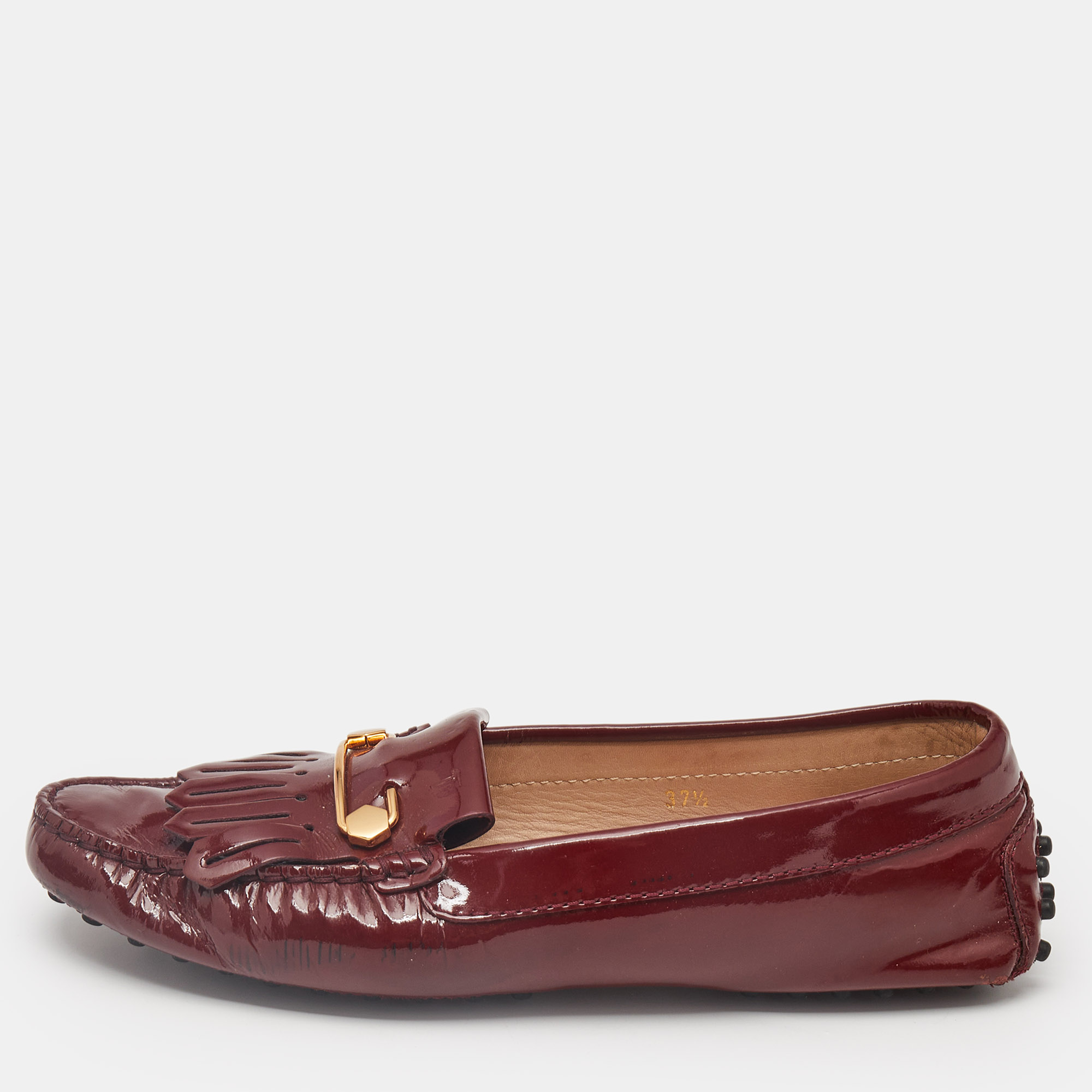 

Tod's Burgundy Patent Leather Safety Pin Detail Fringe Loafers Size