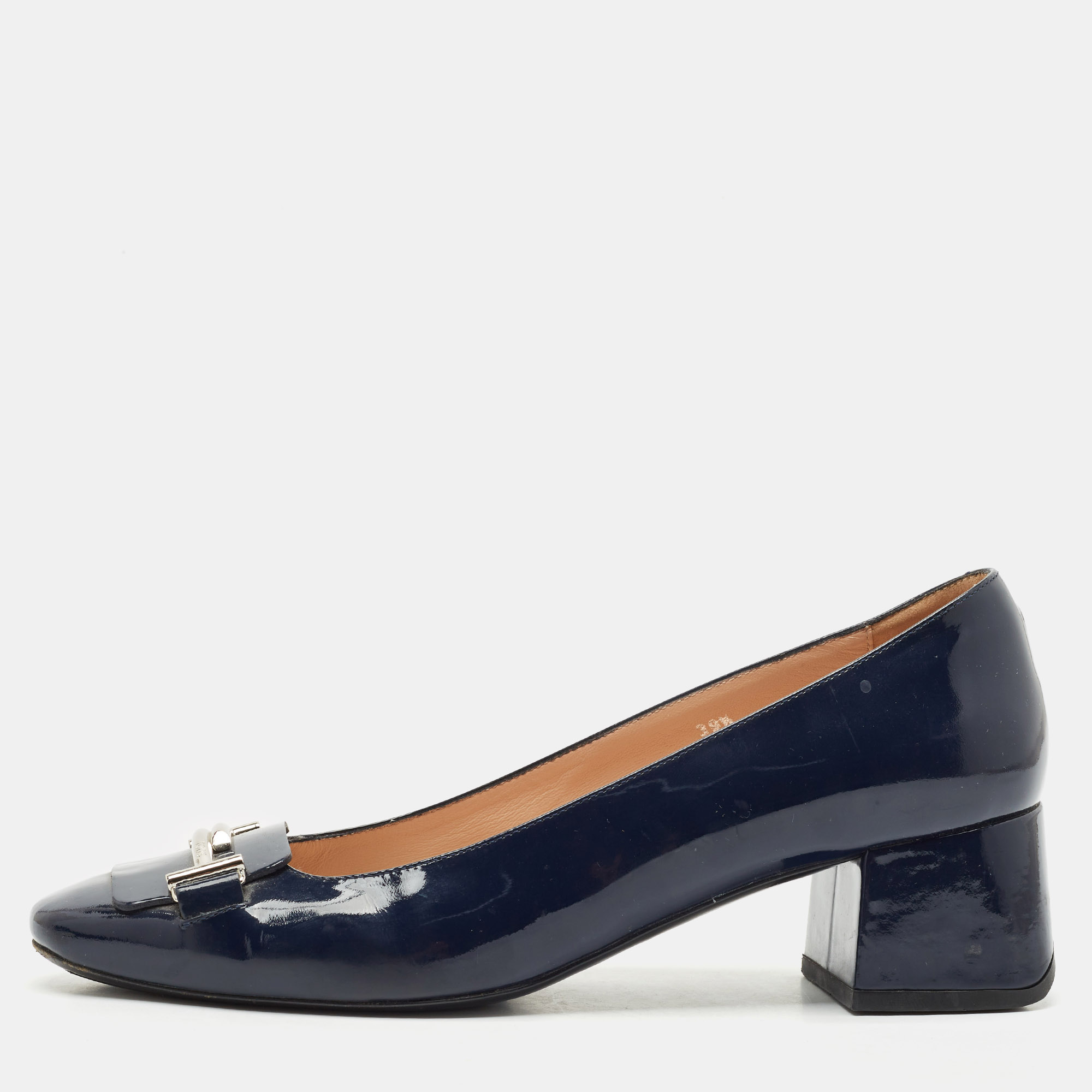 

Tod's Navy Blue Patent Leather Block Heel Loafer Pumps Size