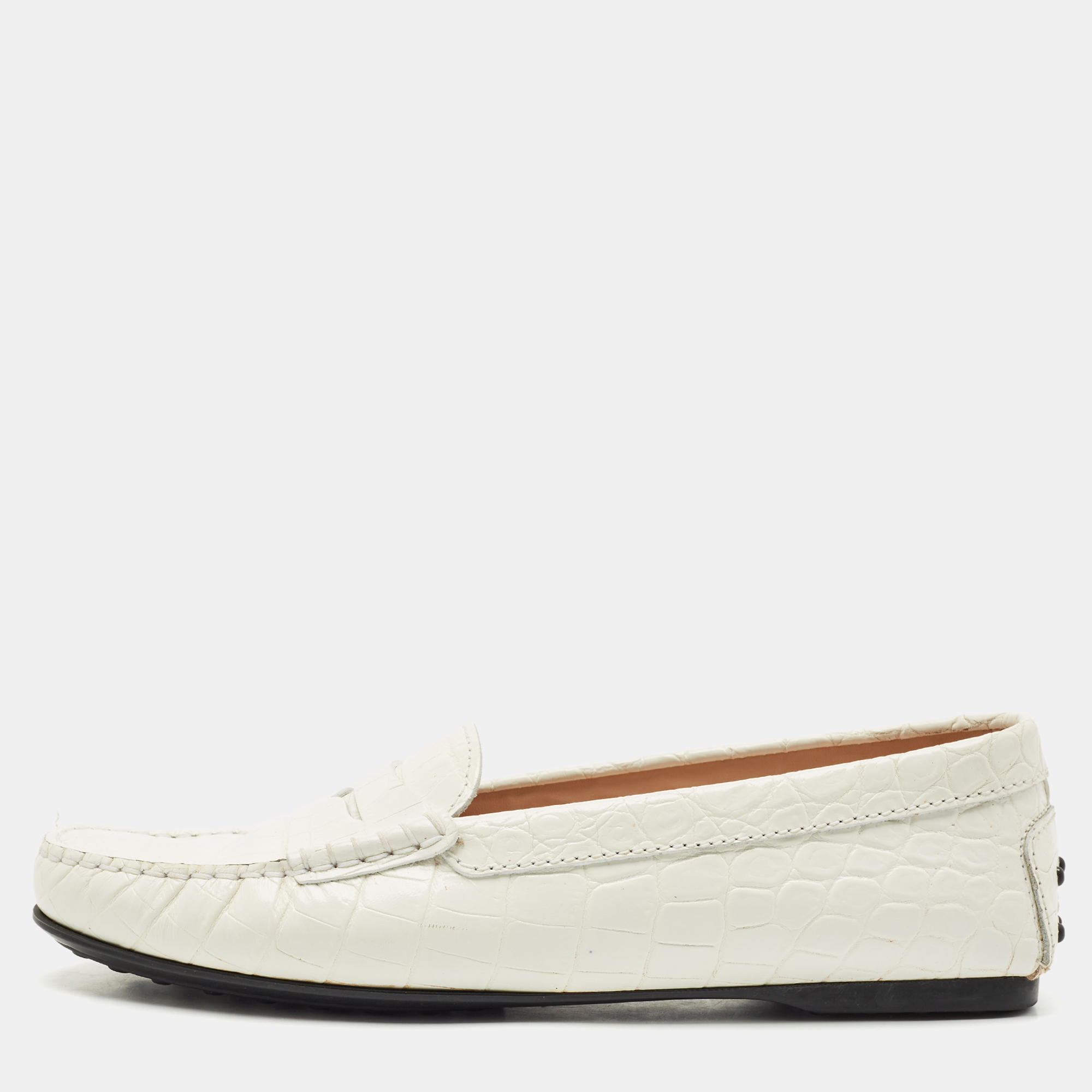 

Tod's White Croc Embossed Leather Penny Slip On Loafers Size