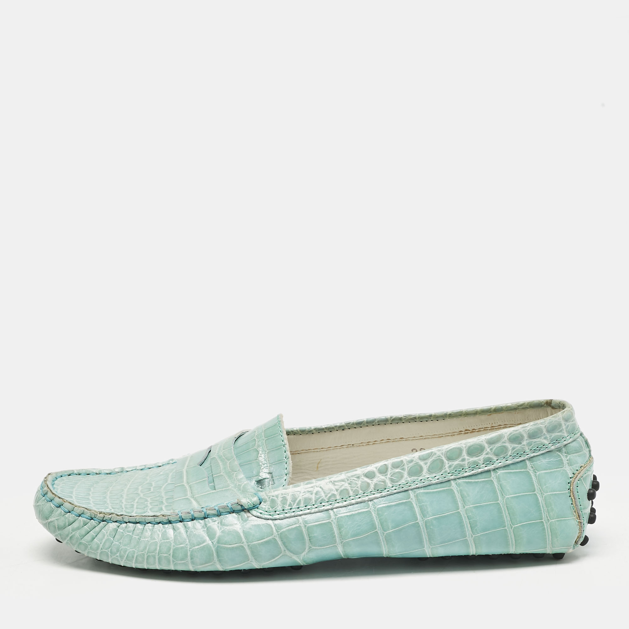 

Tod's Seafoam Green Croc Embossed Leather Slip On Loafers Size