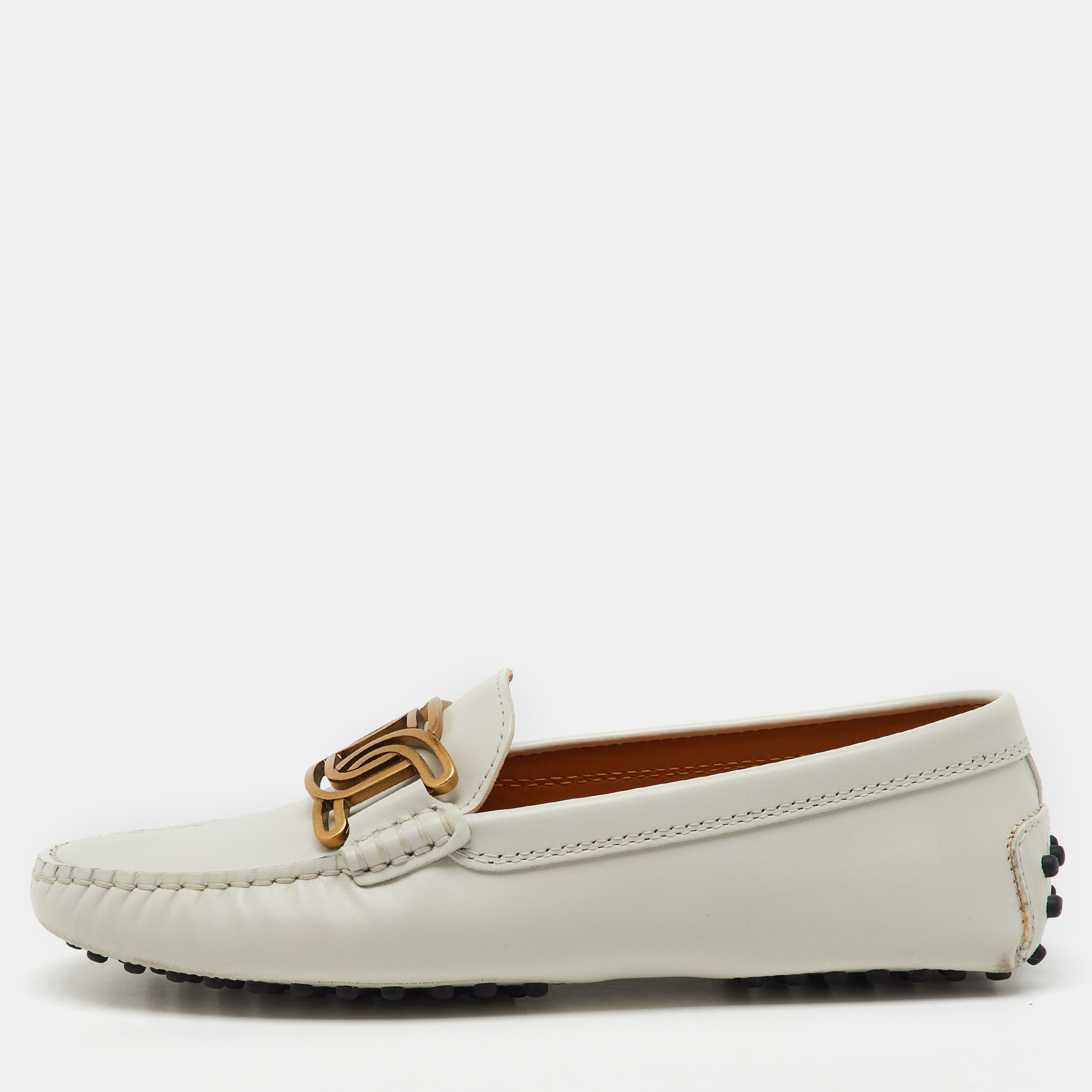 

Tod's Off White Leather Chain Detail Kate Loafers Size