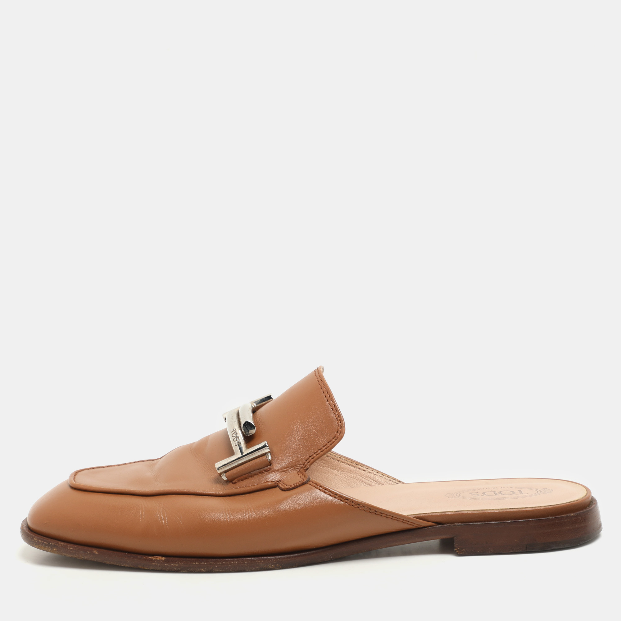 

Tod's Brown Leather Double T Flat Mules Size
