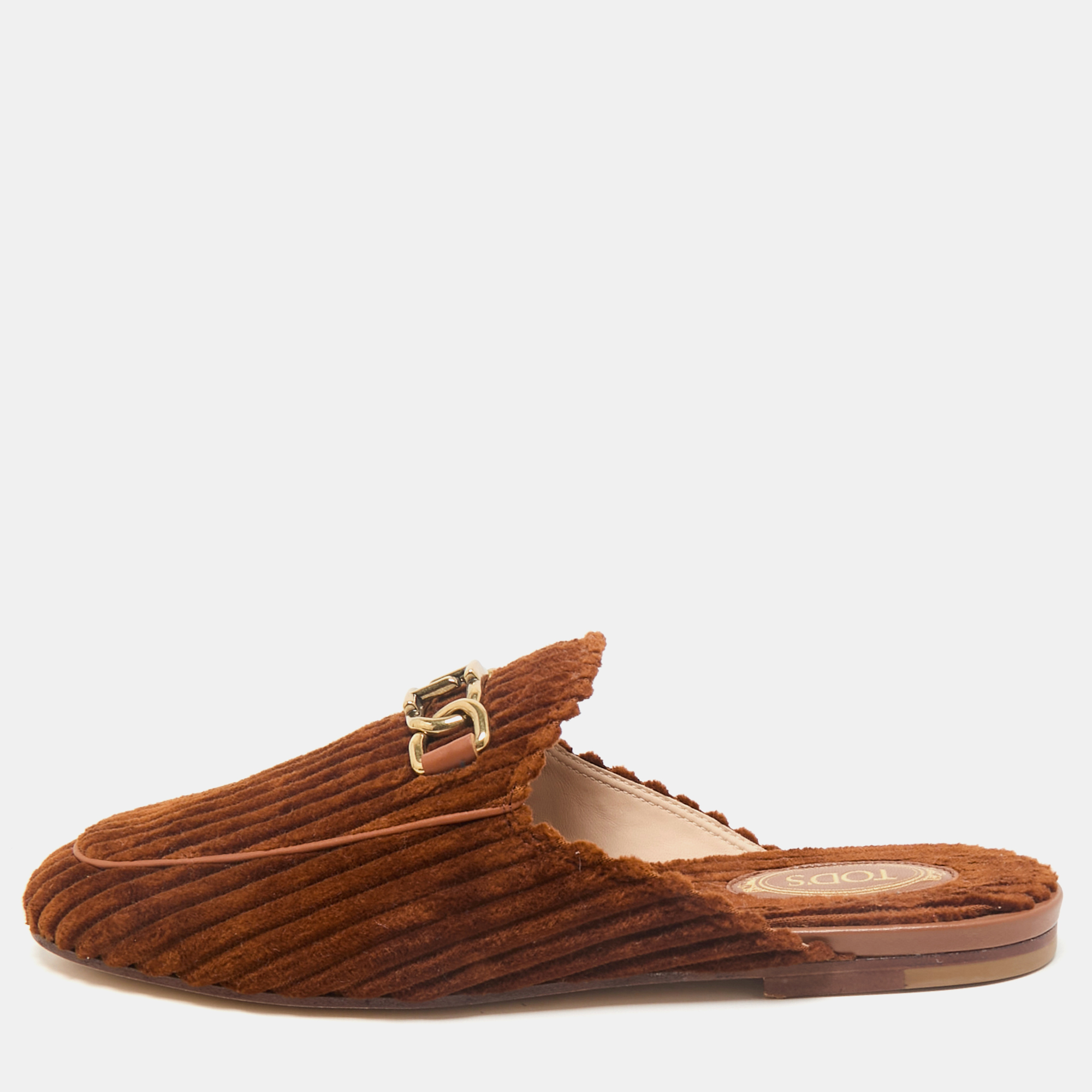 

Tod's Brown Corduroy Fabric Chain Detail Flat Mules Size