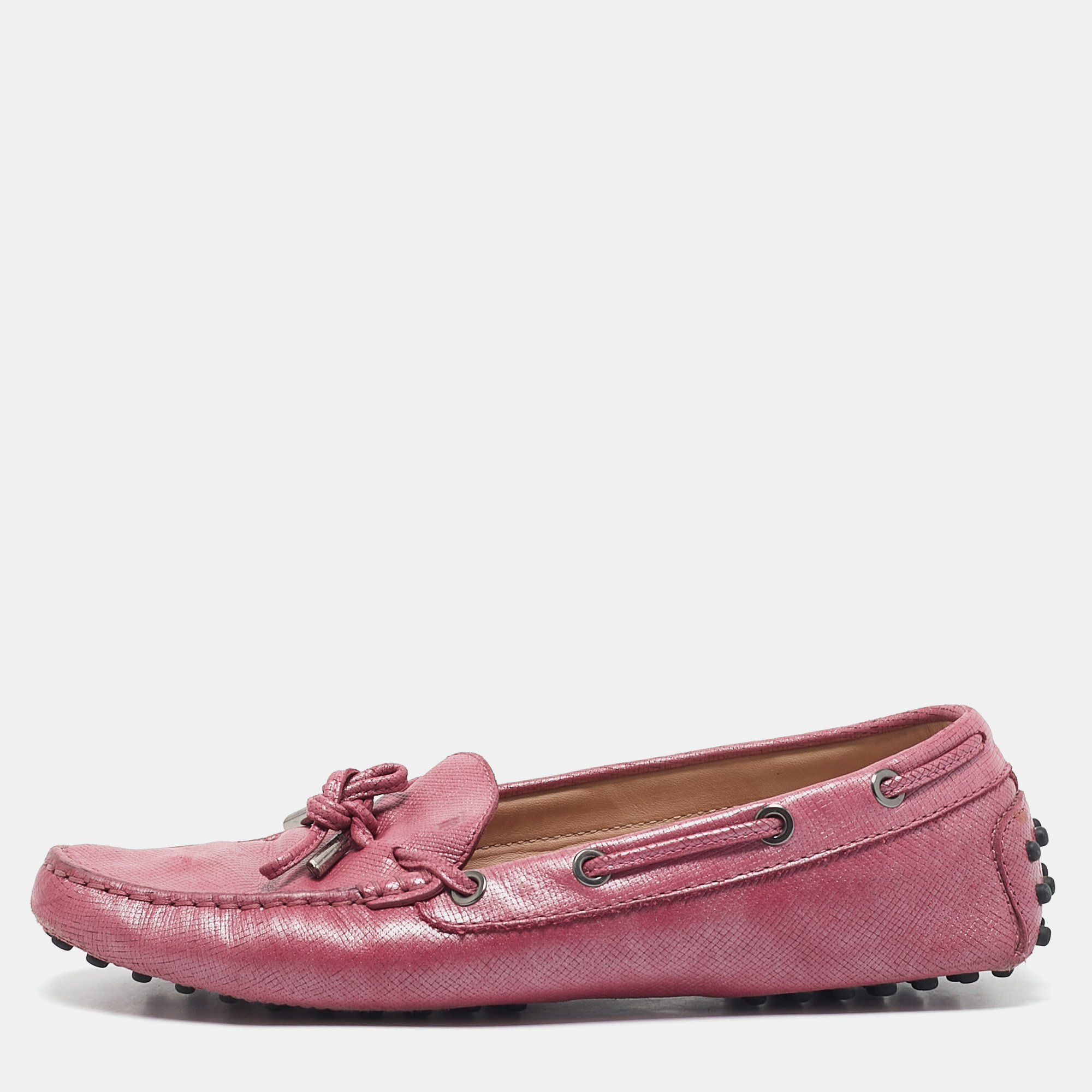 

Tod's Metallic Pink Leather Bow Slip On Loafers Size