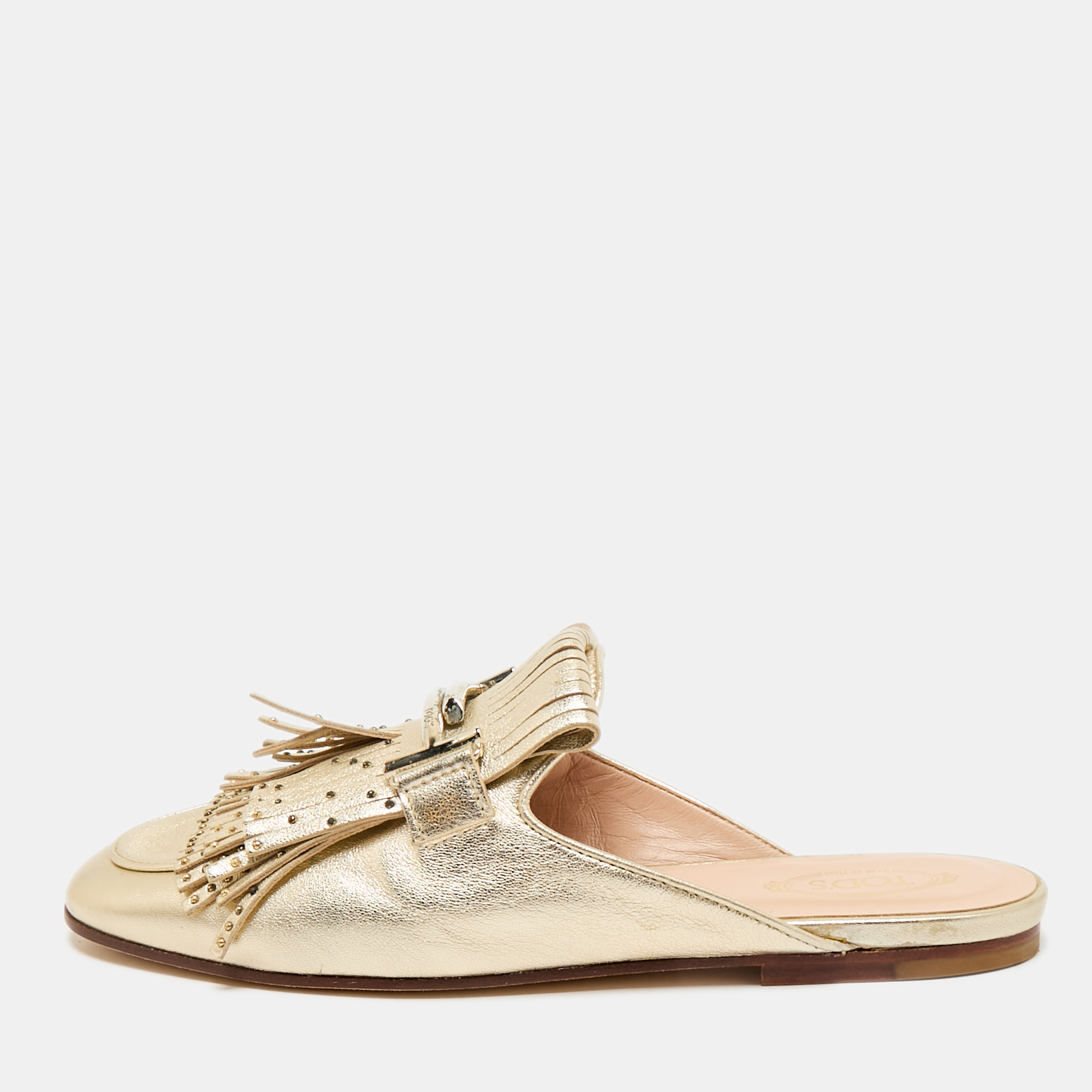 

Tod's Gold Metallic Leather Double T Studded Fringe Flat Mules Size