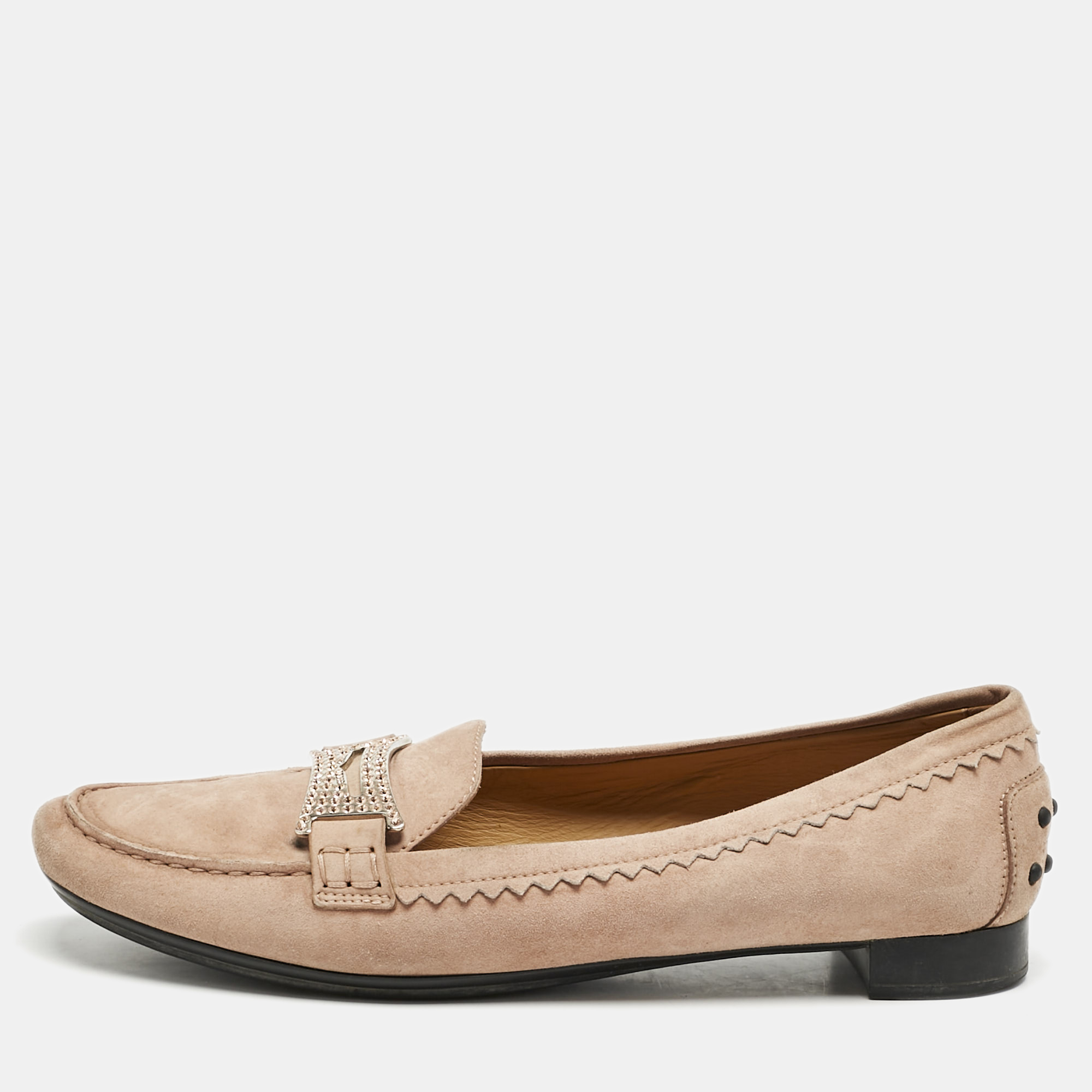 

Tod's Pink Suede Crystal Embellished Loafers Size