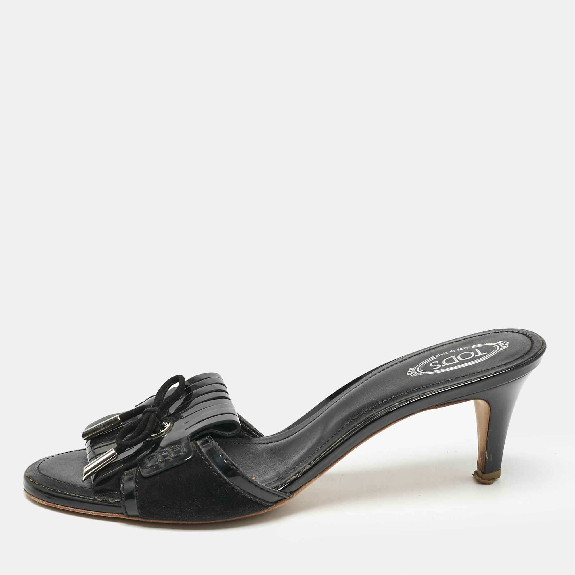 

Tod's Black Patent Leather Fringe Bow Slide Sandals Size