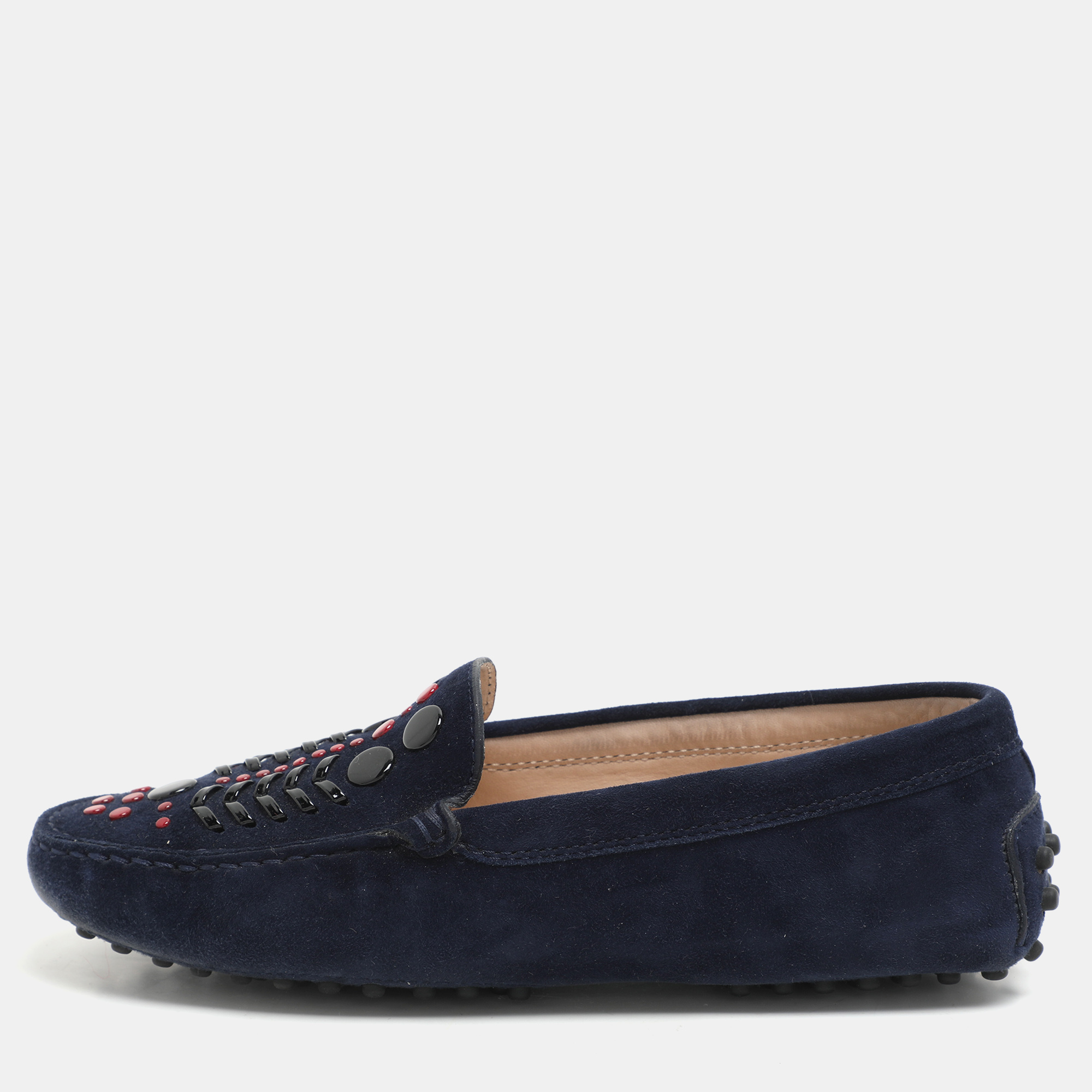 

Tod's Navy Blue Suede Studded Slip On Loafers Size