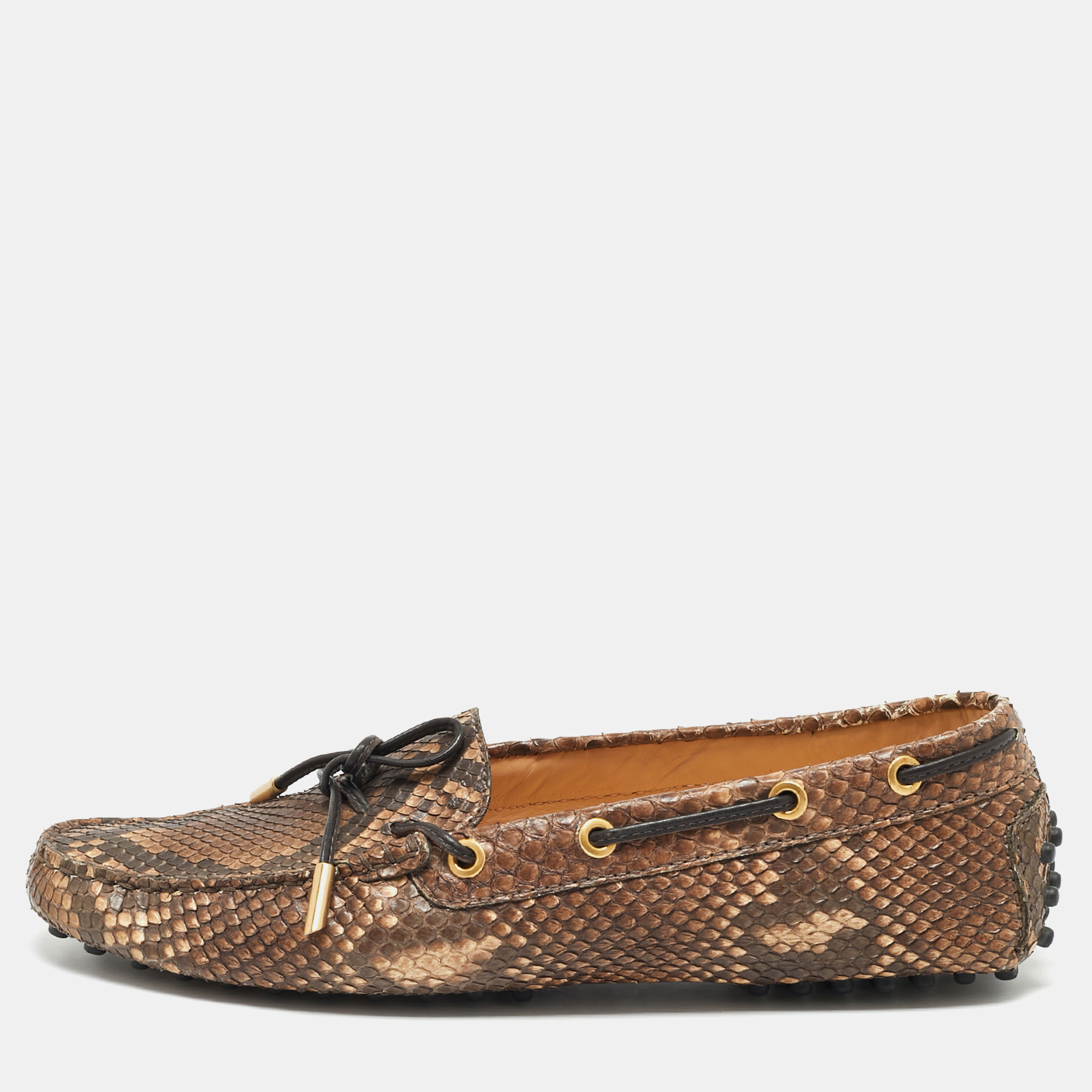 

Tod's Brown/Beige Python Leather Gommino Bow Slip On Loafers Size