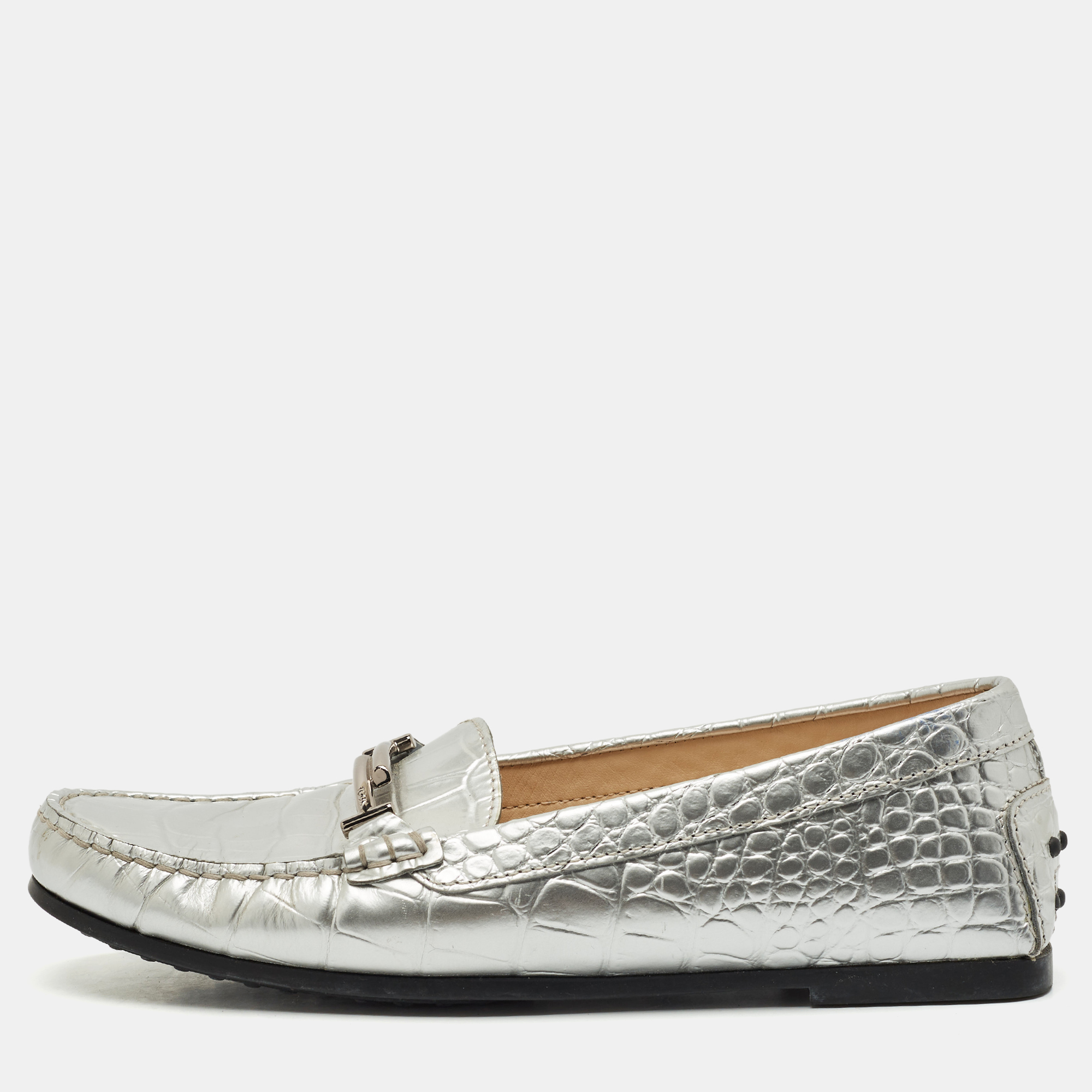 

Tod's Silver Croc Embossed Leather Slip On Loafers Size