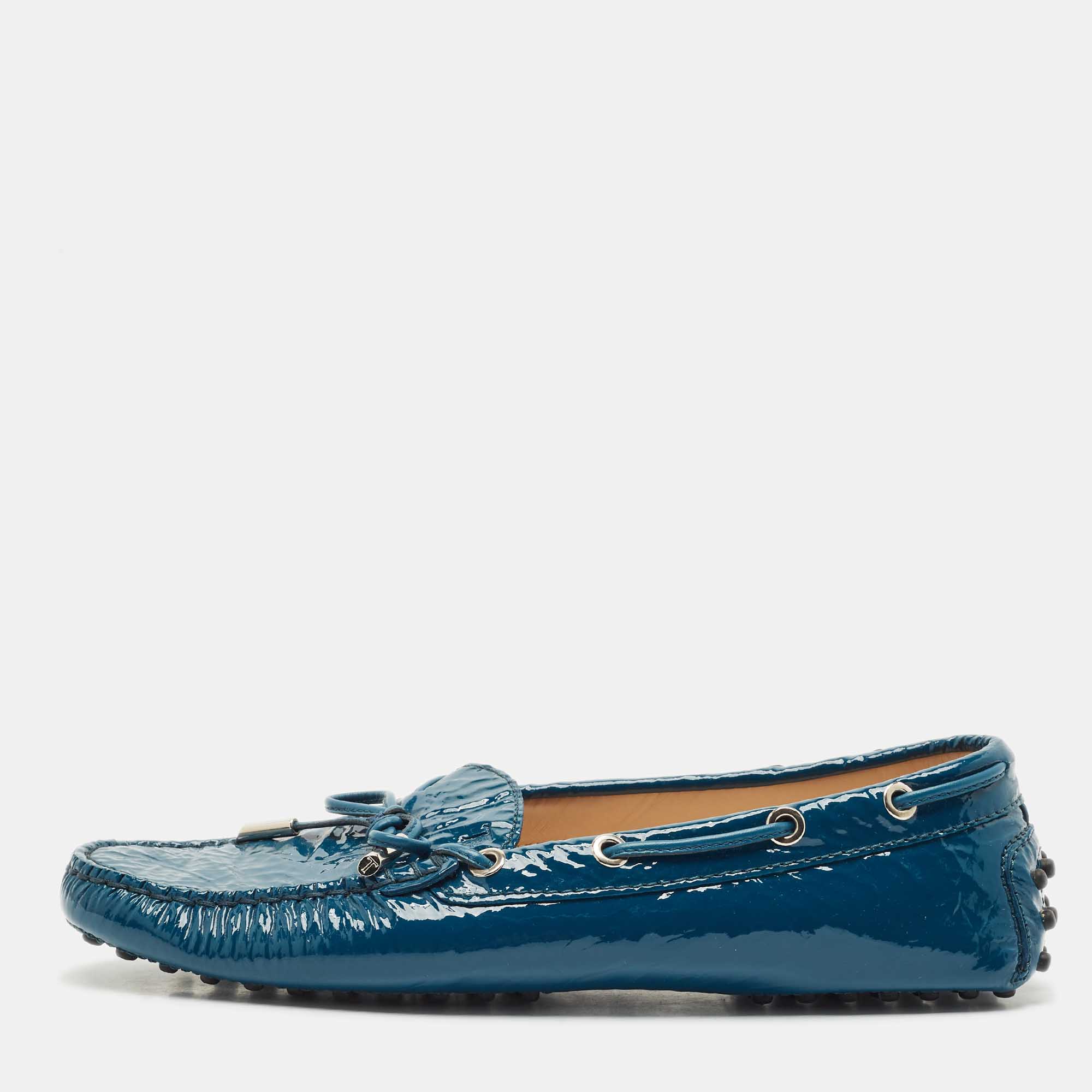 

Tod's Blue Patent Leather Bow Slip On Loafers Size
