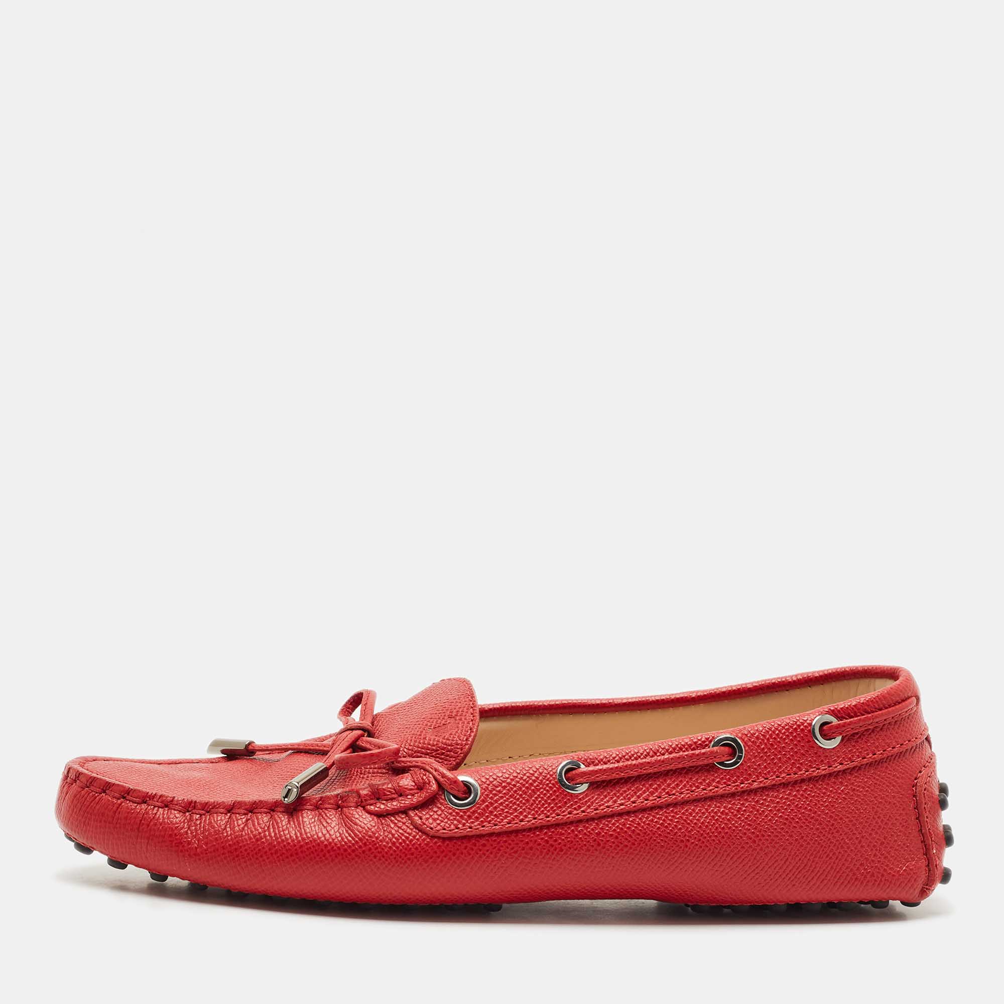 

Tod's Red Leather Bow Slip On Loafers Size