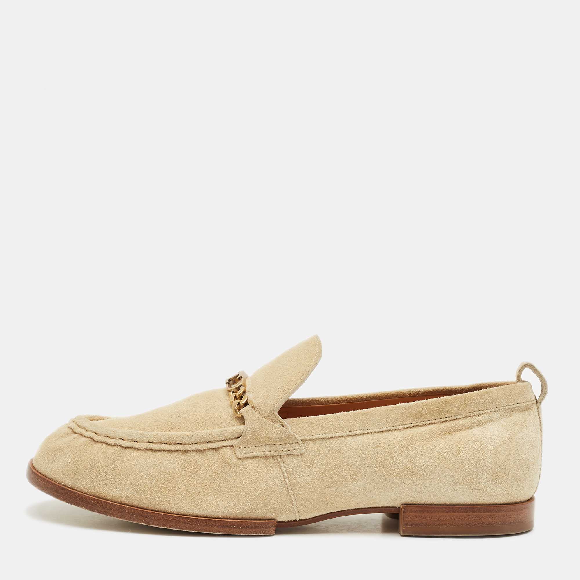

Tod's Beige Suede T Logo Penny Loafers Size