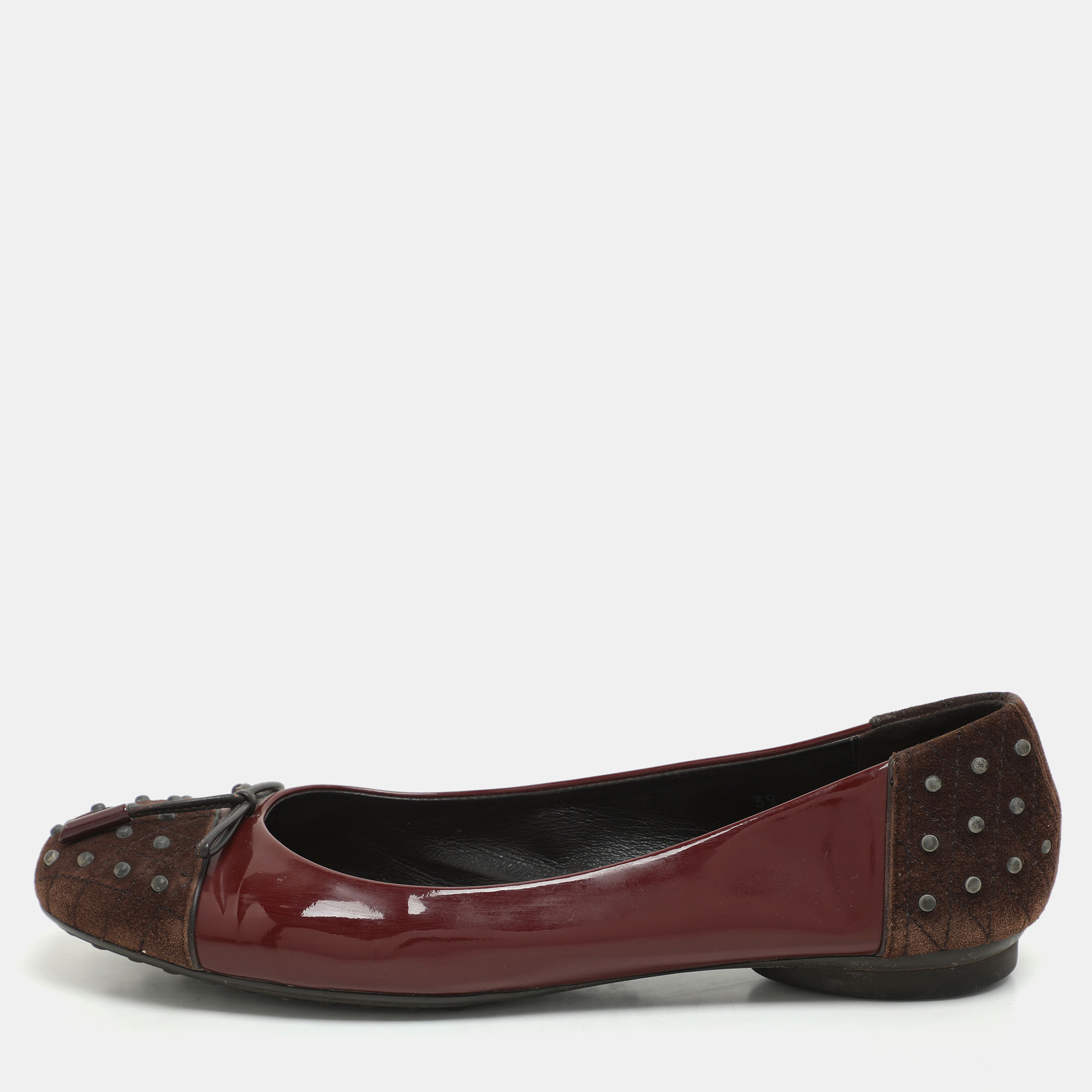 

Tod's Brown/Burgundy Suede and Patent Leather Bow Ballet Flats Size
