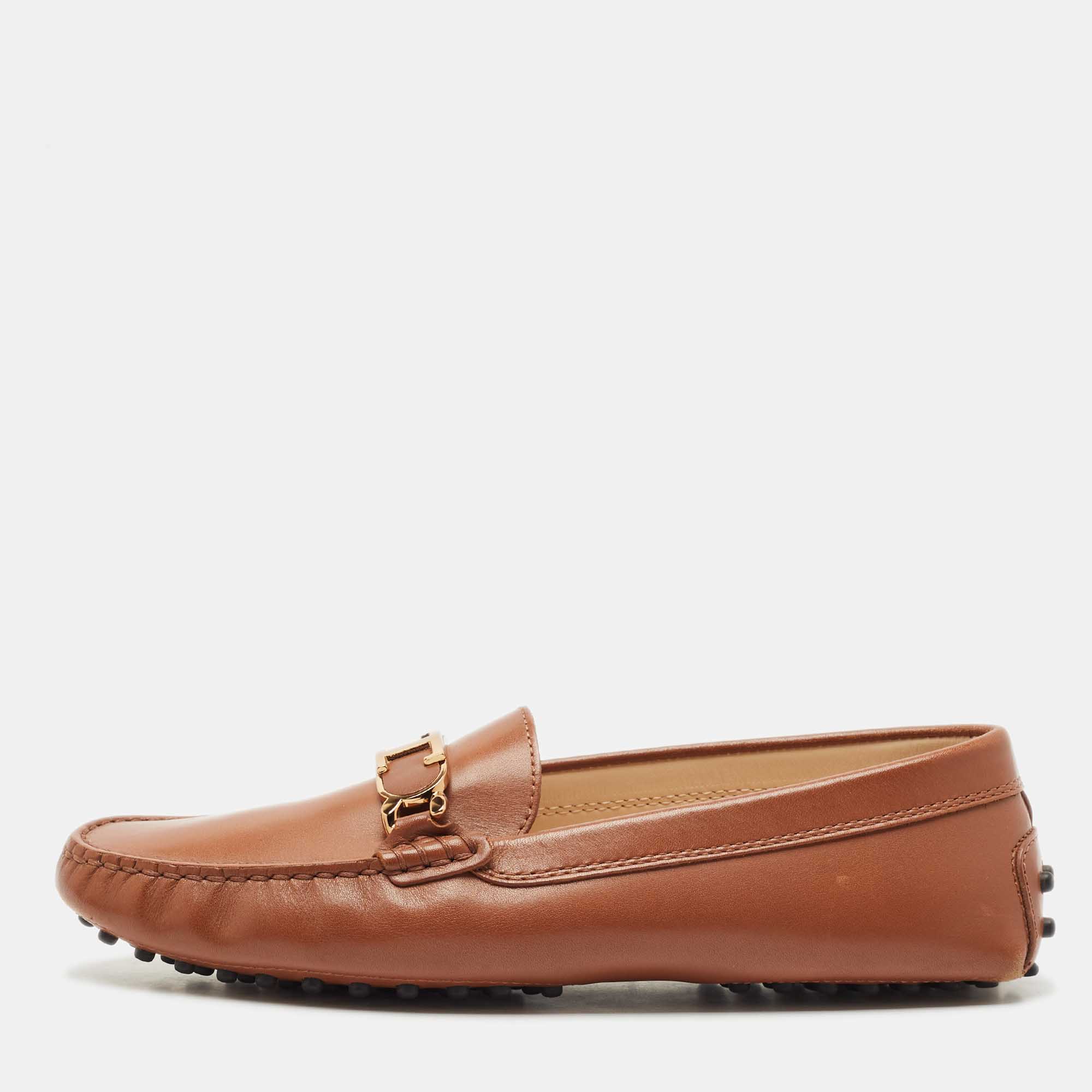 

Tod's Brown Leather T Timeless Slip On Loafers Size