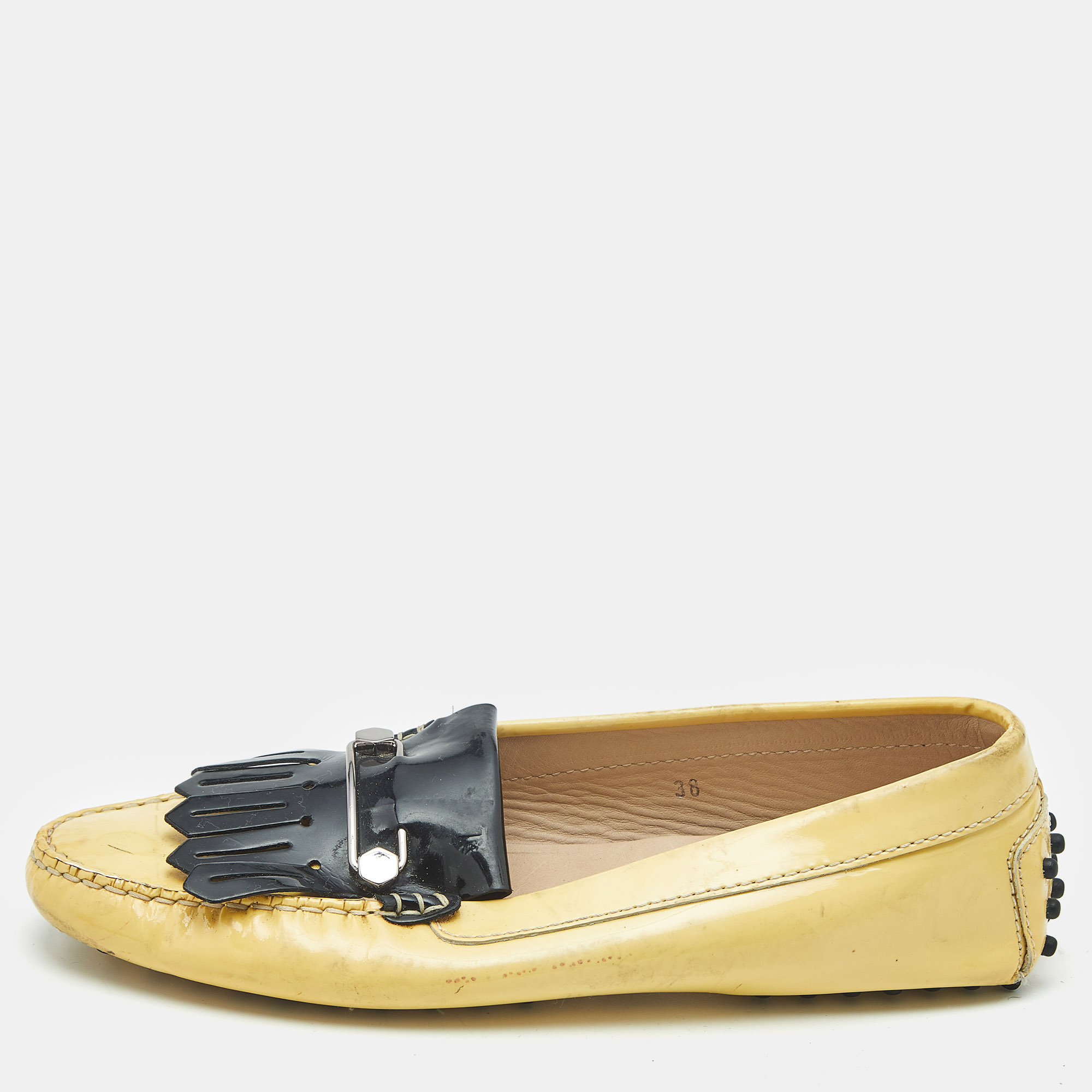 

Tod's Yellow/Black Patent Leather Pin Fringe Loafers Size
