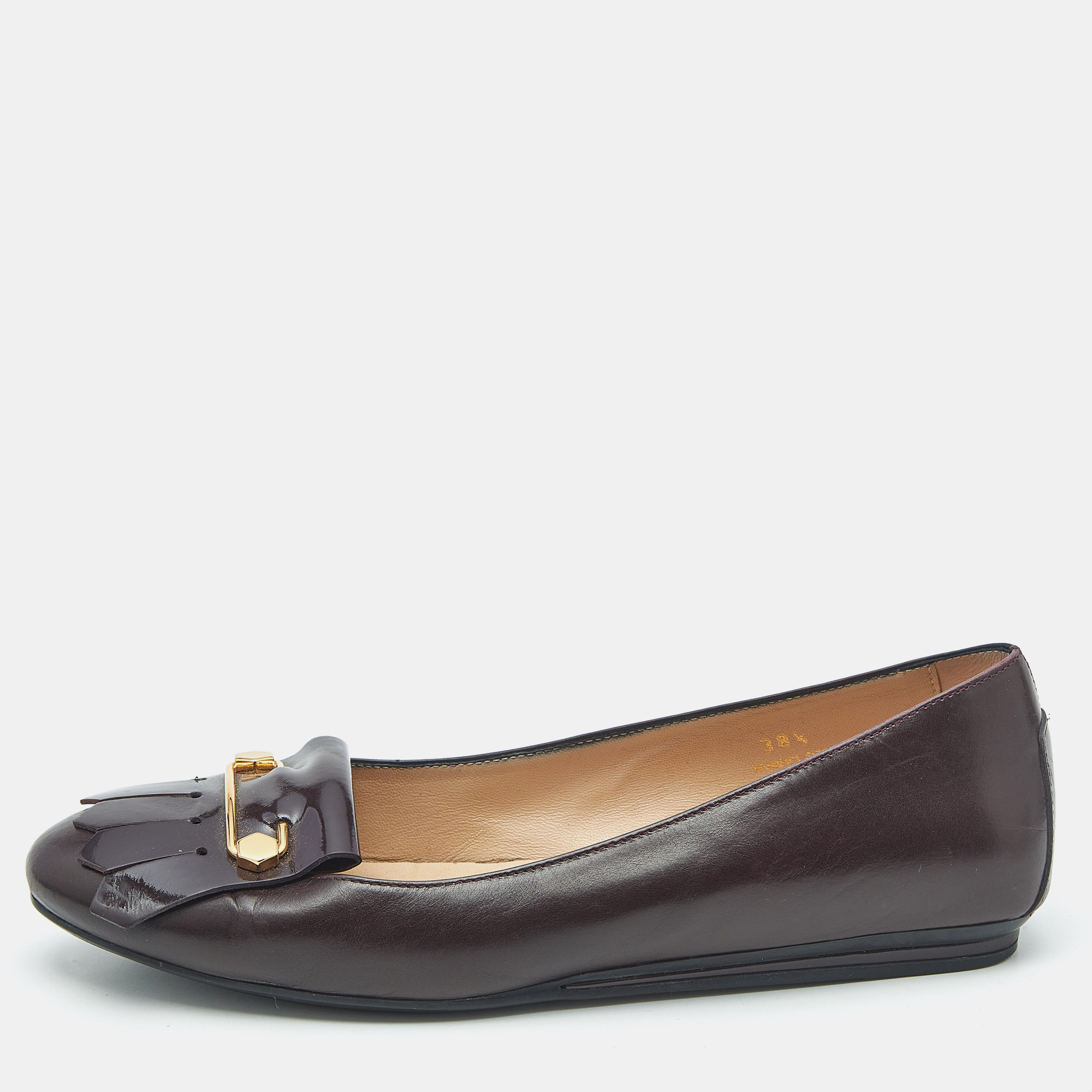 Pre-owned Tod's Burgundy Leather Fringe Ballet Flats Size 38.5