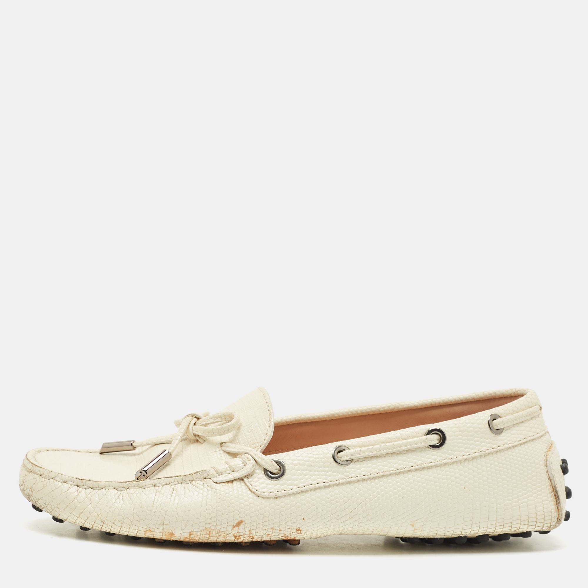 

Tod's Cream Lizard Embossed Leather Bow Slip On Loafers Size