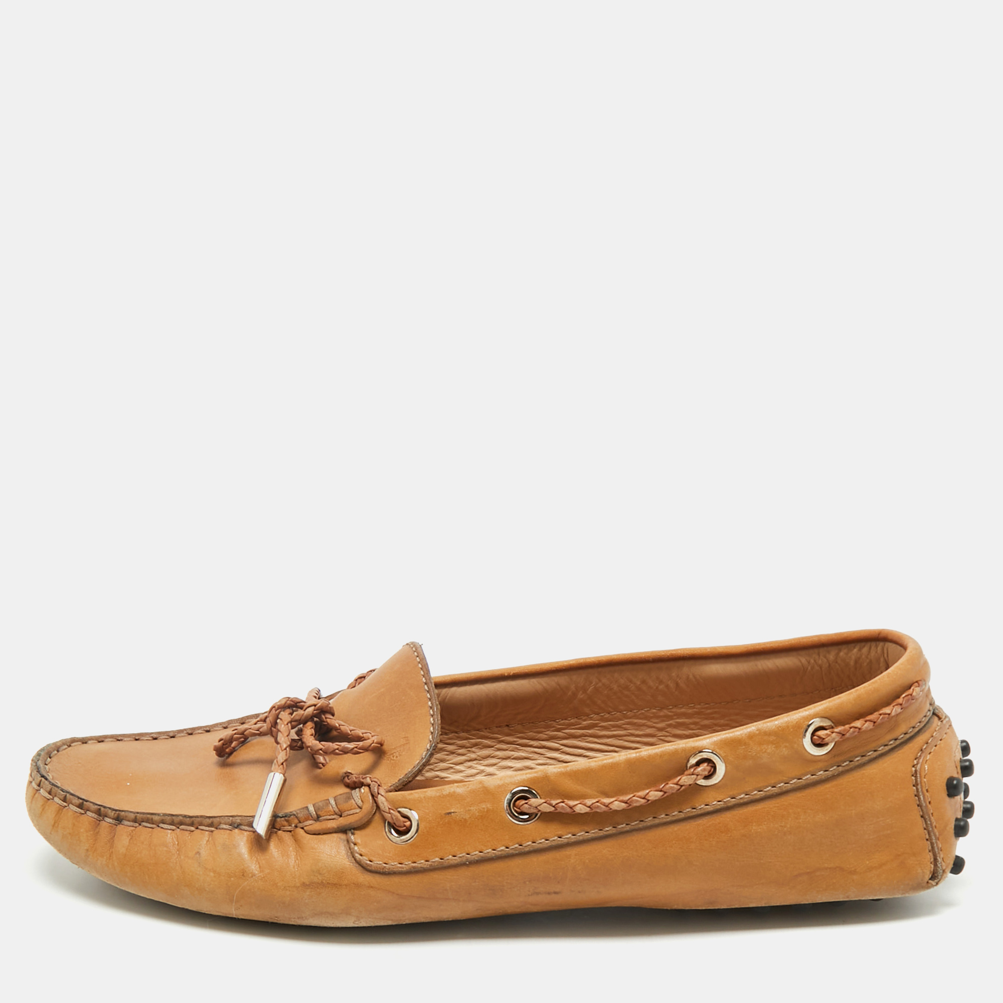 

Tod's Brown Leather Gommino Bow Slip On Loafers Size
