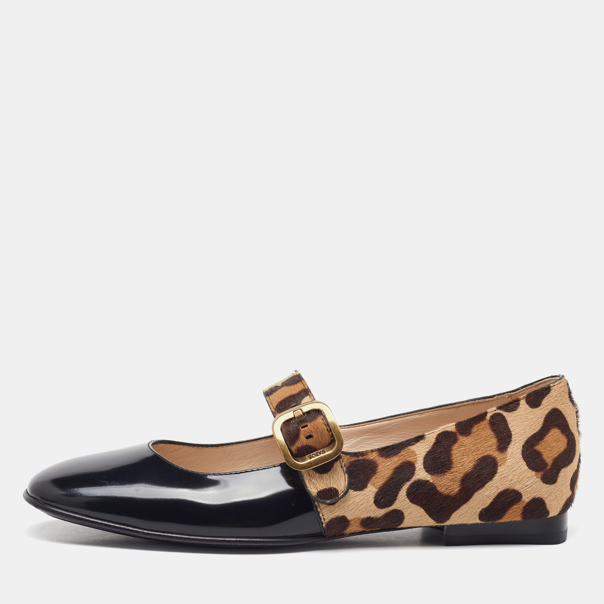 Pre-owned Tod's Black/brown Leather And Leopard Print Calf Hair Mary Jane Ballet Flats Size 37.5