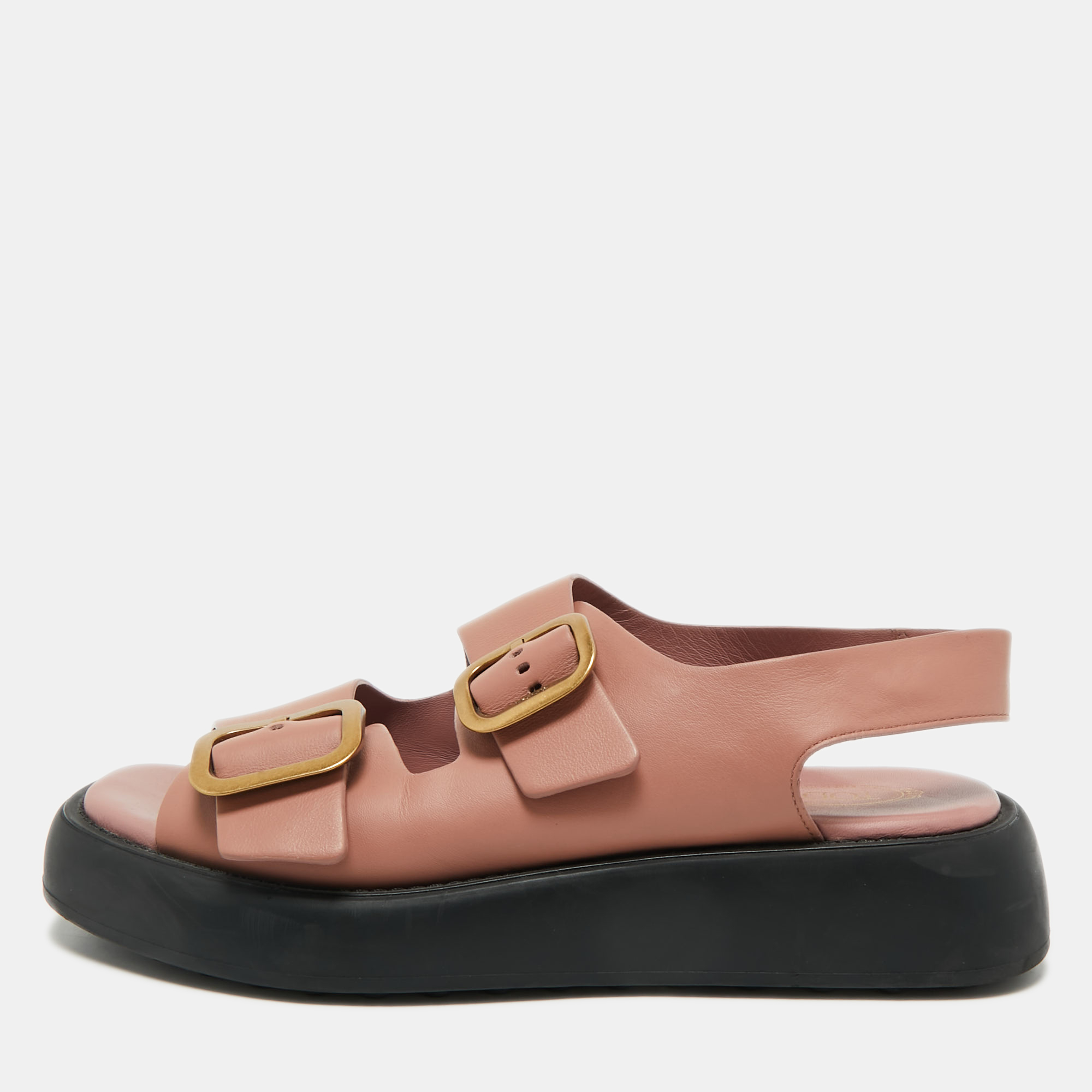 Pre-owned Tod's Dusty Pink Leather Double Buckle Chunky Sandals Size 39.5