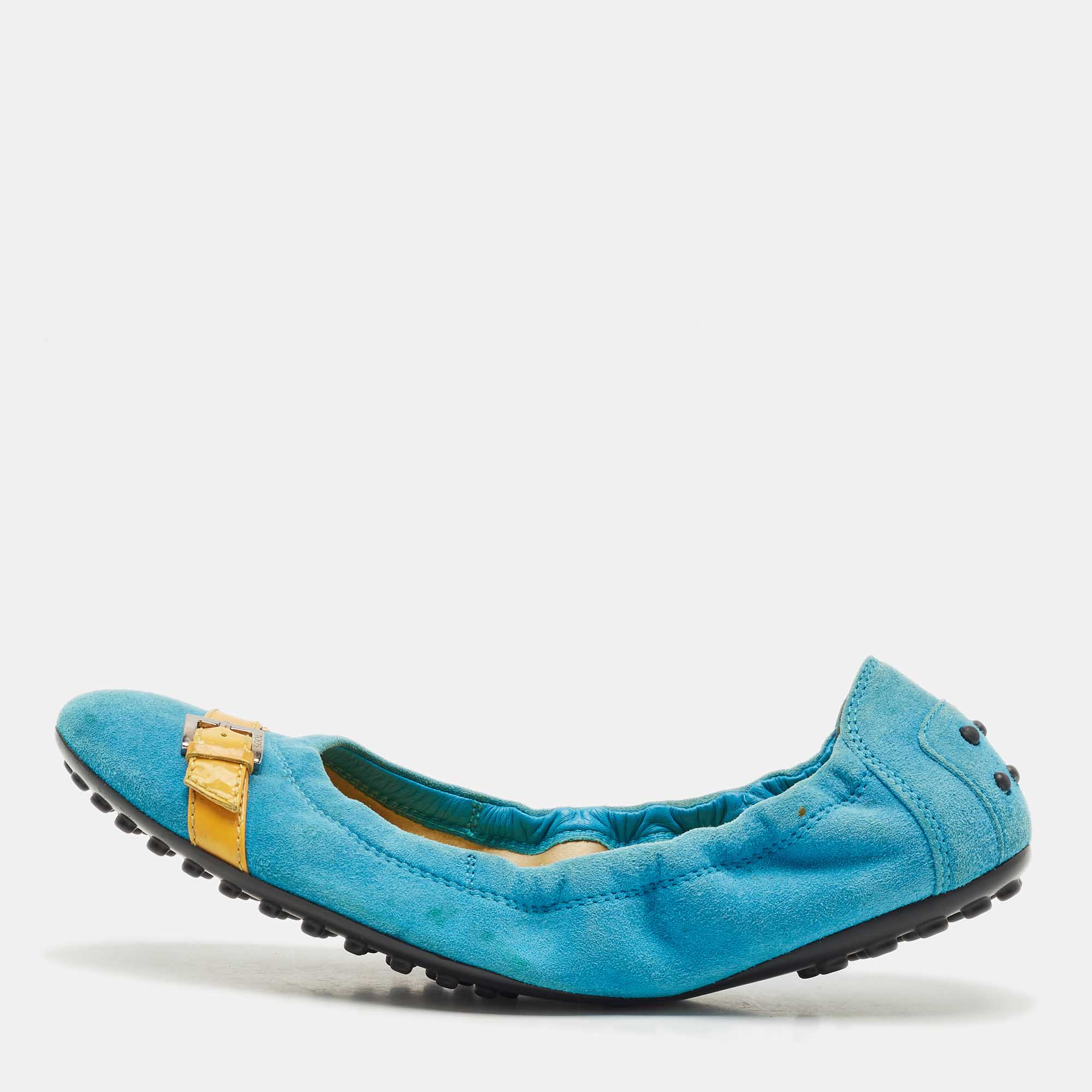 

Tod's Blue/Yellow Suede and Patent Leather Trim Buckle Detail Scrunch Ballet Flats Size