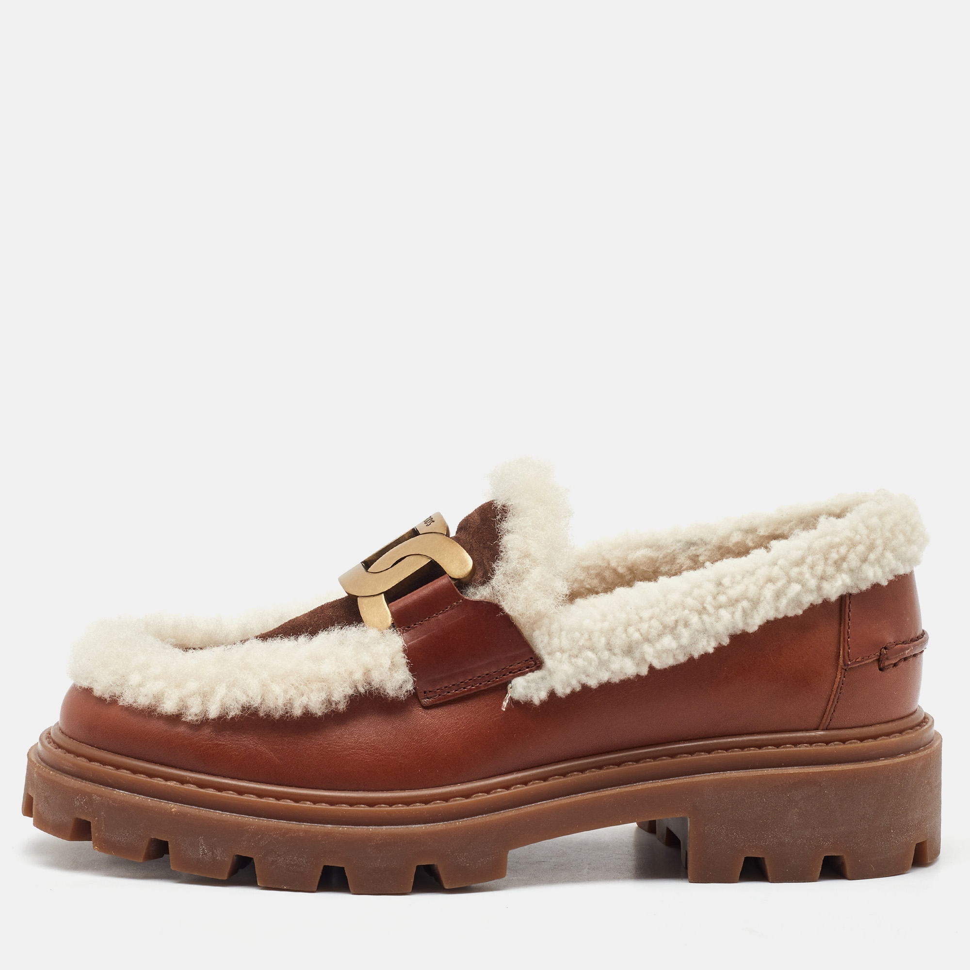 Pre-owned Tod's Brown/off White Leather And Shearling Fur Kate Slip On Loafers Size 36.5