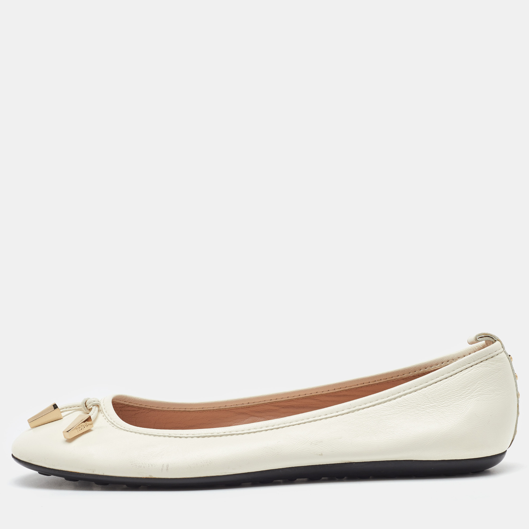 Pre-owned Tod's Off White Leather Studded Ballet Flats Size 38