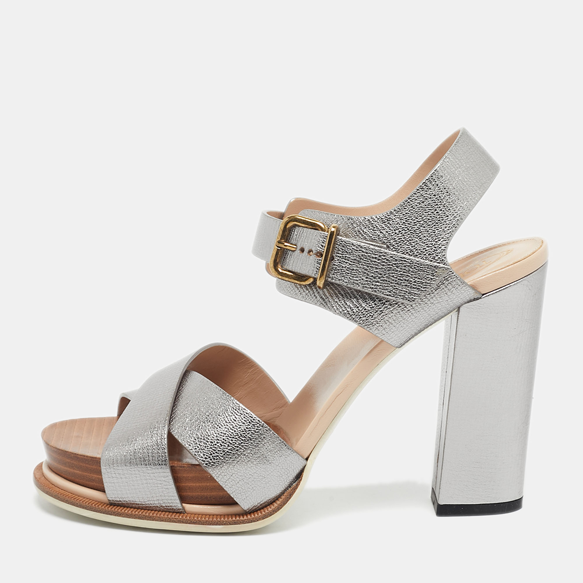 Pre-owned Tod's Silver Leather Ankle Strap Platform Sandals Size 40