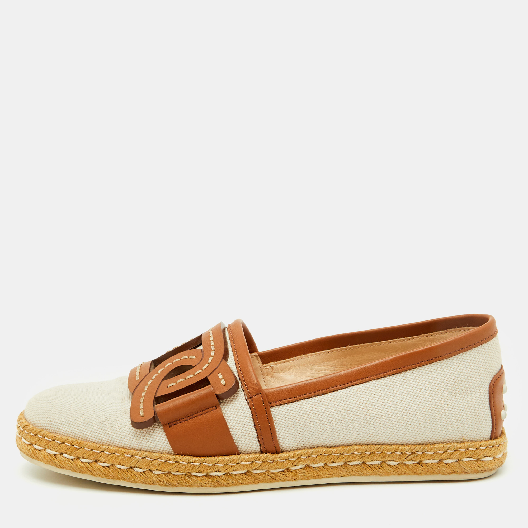 Pre-owned Tod's Beige/brown Canvas And Leather Chain Detail Espadrille Flats Size 37.5 In Sand