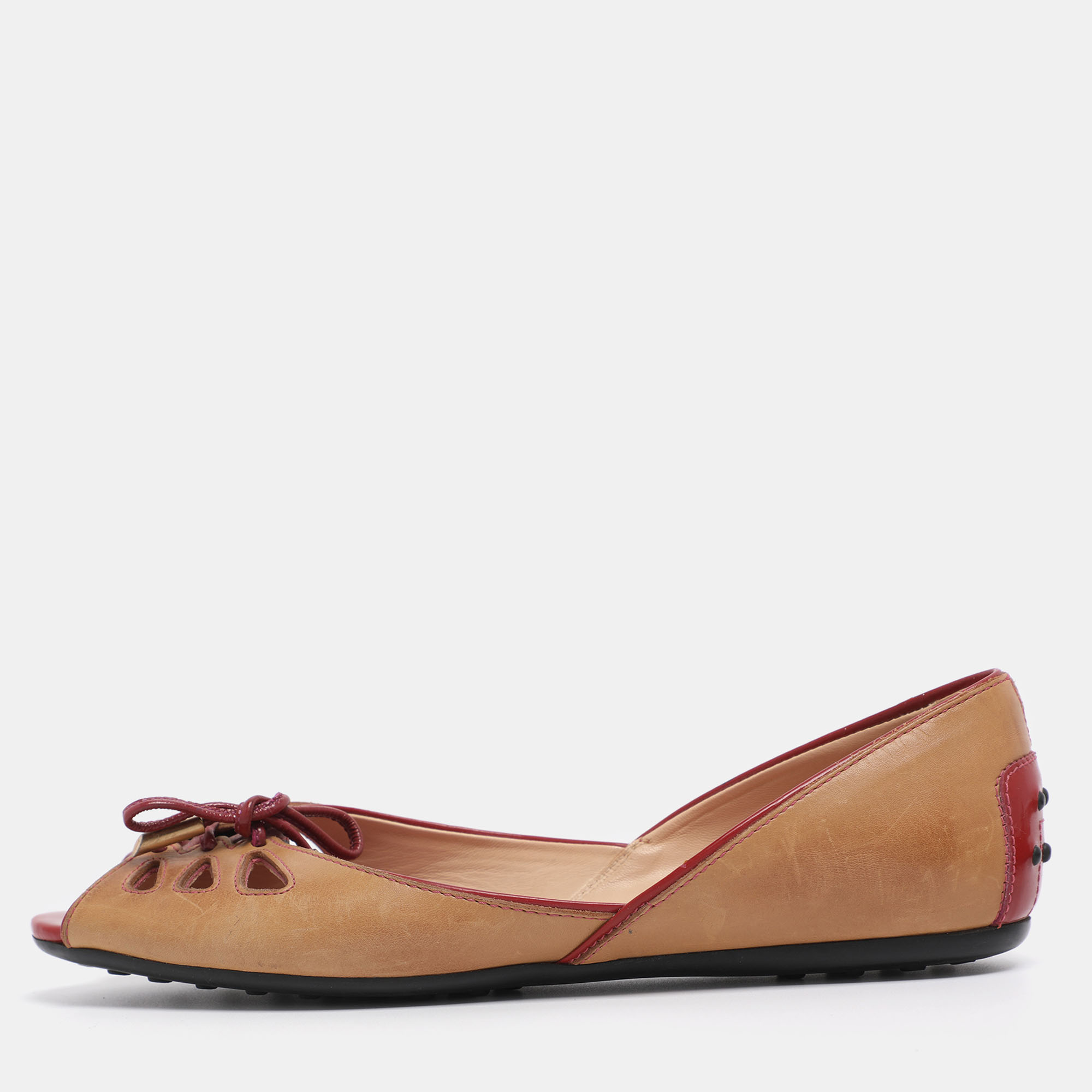 

Tod's Beige/Burgundy Leather Bow Peep Toe Ballet Flats Size