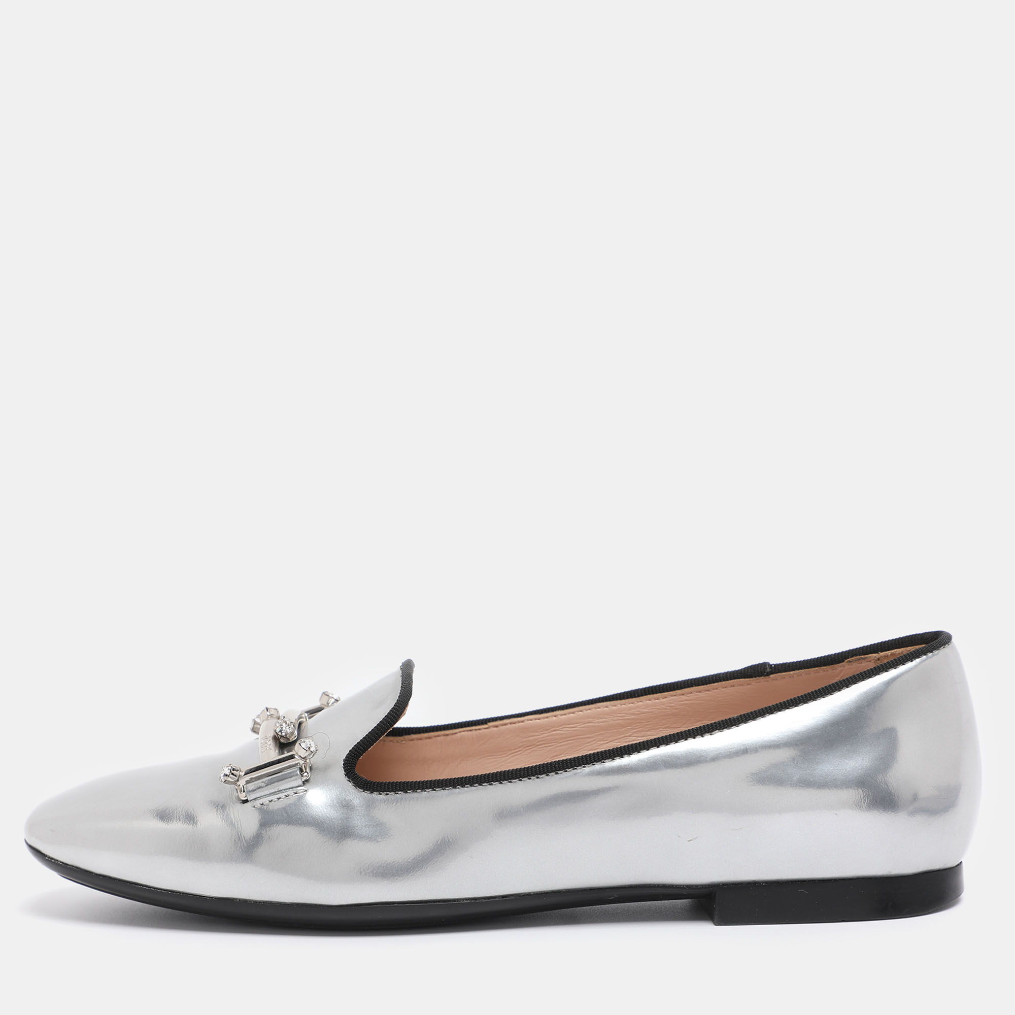 Pre-owned Tod's Silver Leather Double T-smoking Slippers Size 35.5