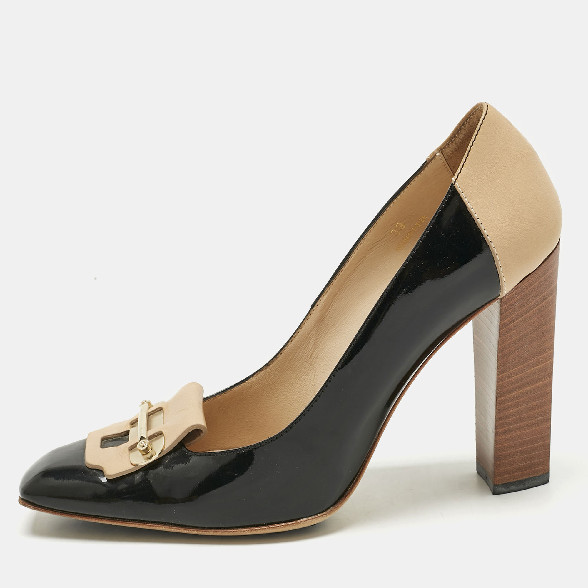 Pre-owned Tod's Black/beige Patent Leather And Leather Block Heel Square Toe Pumps Size 39