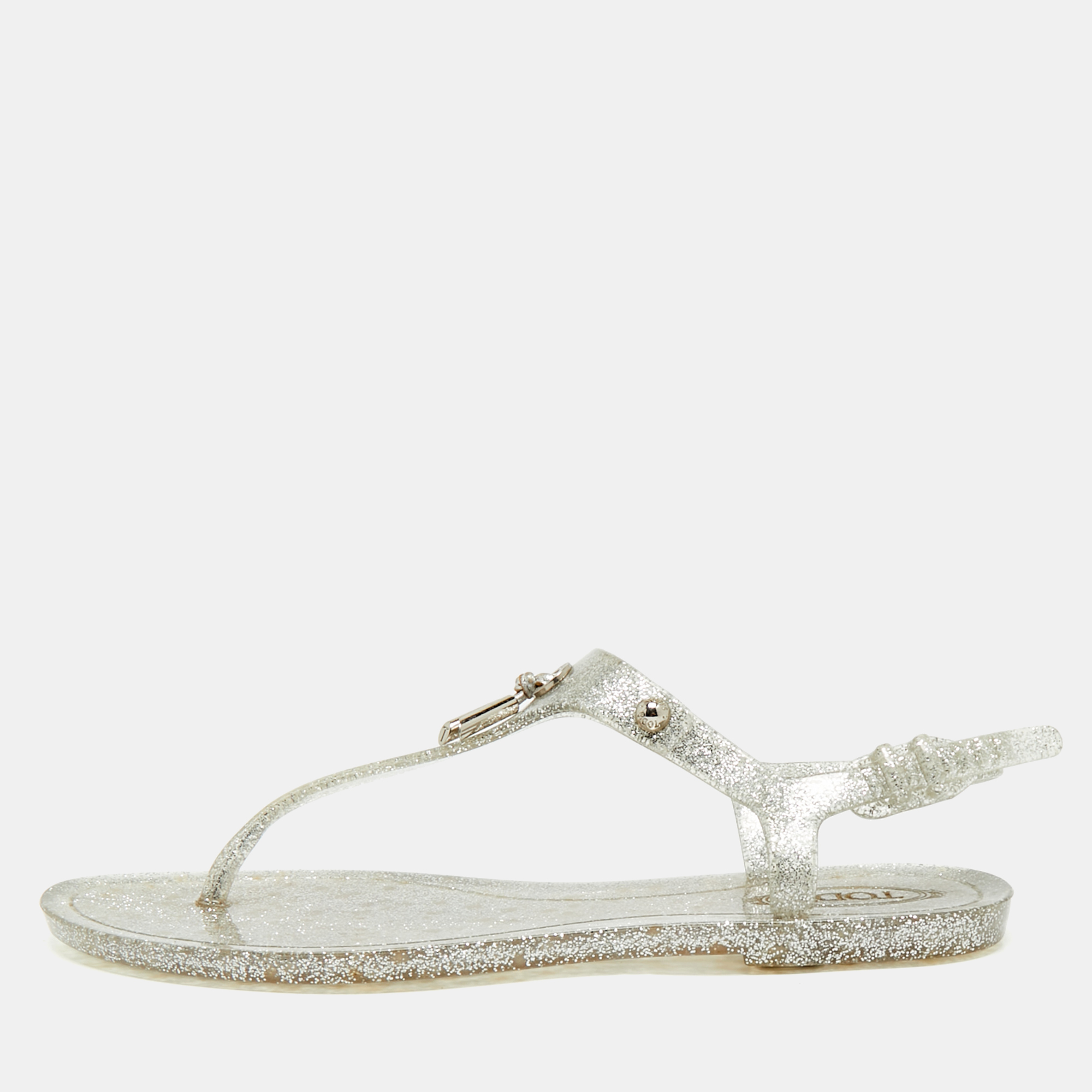 Pre-owned Tod's Silver Jelly Tassel Detail Thong Flat Sandals Size 36