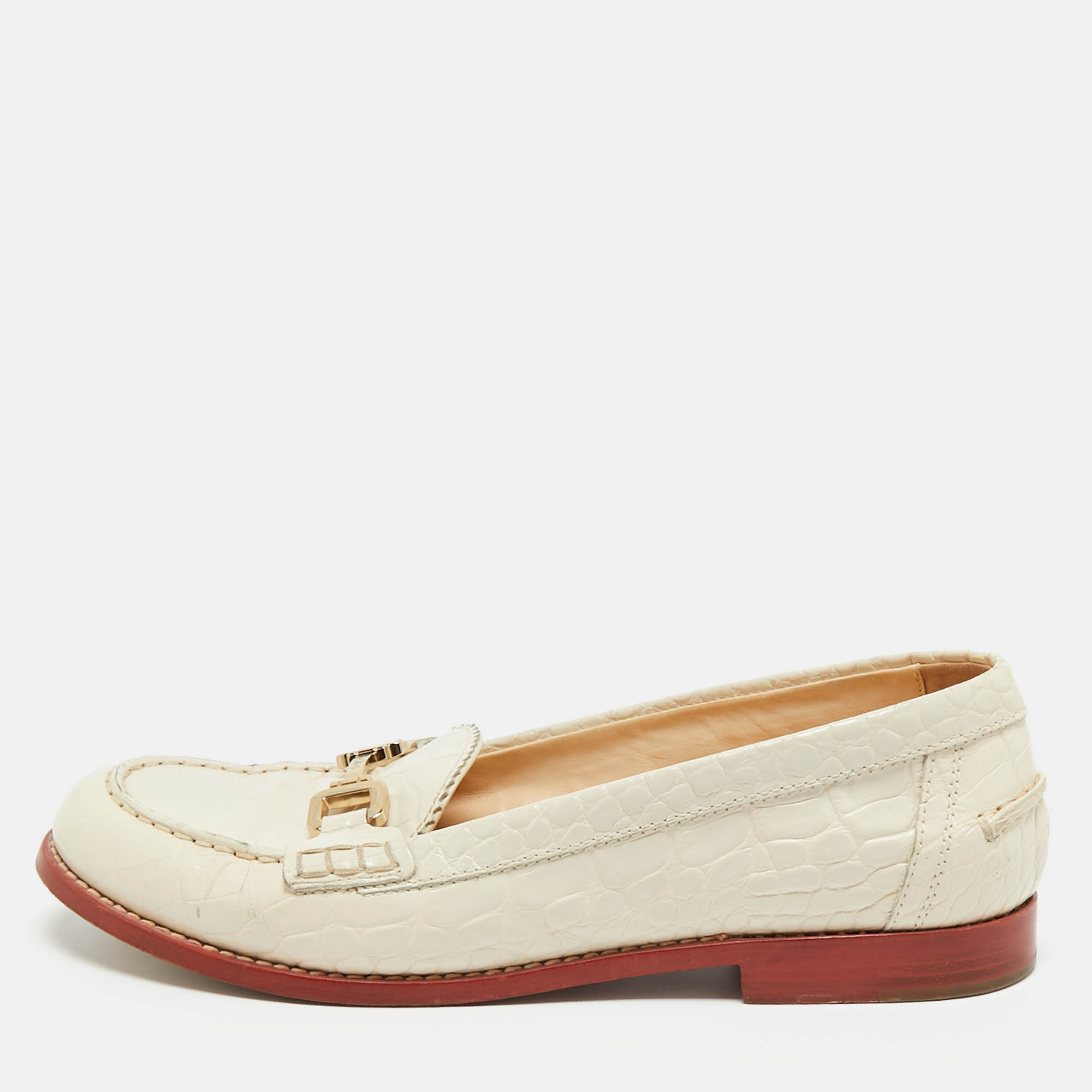 Pre-owned Tod's Cream Croc Embossed Leather Slip On Loafers Size 40 In White