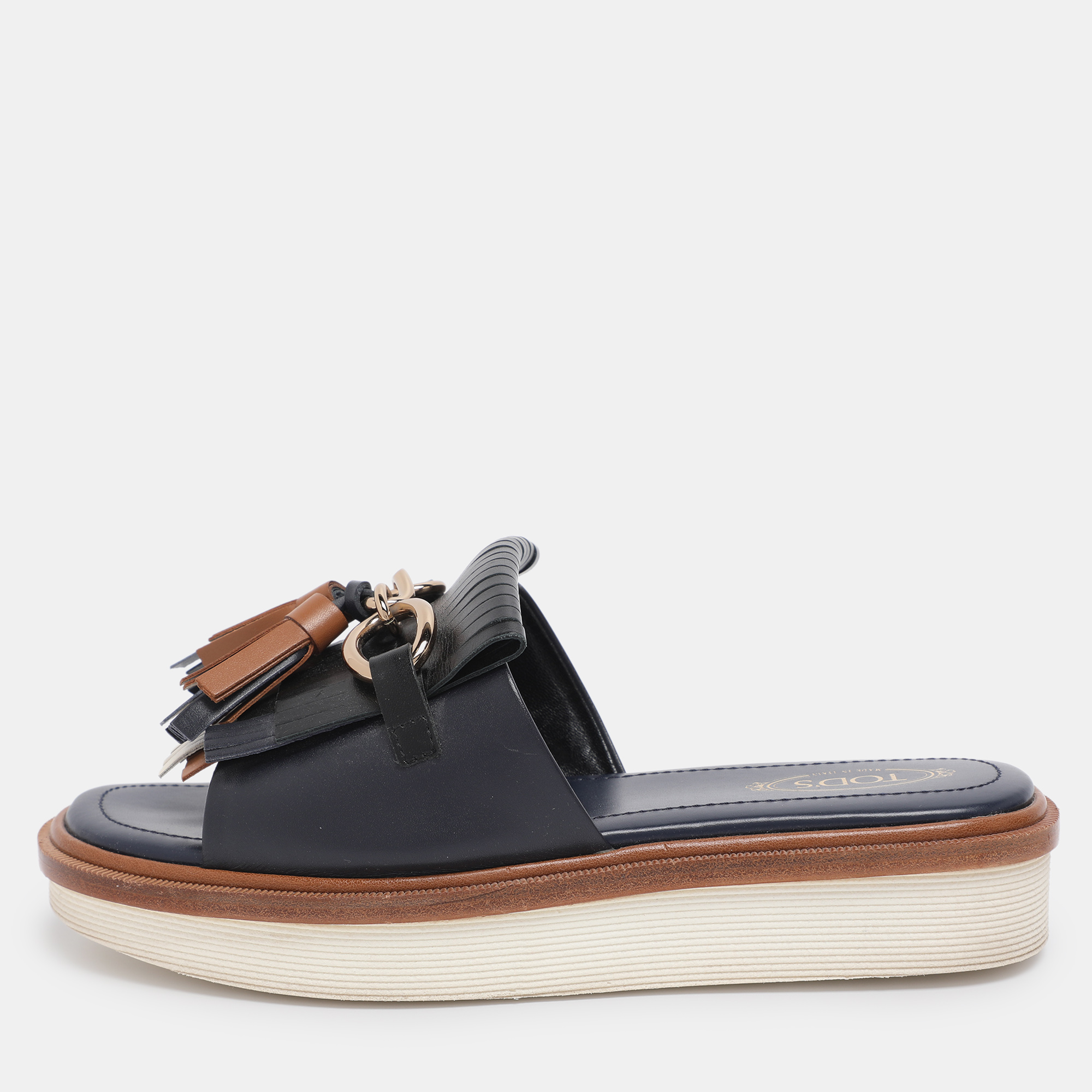 Pre-owned Tod's Navy Blue Leather Tassel Fringe Detail Platform Slide Sandals Size 36