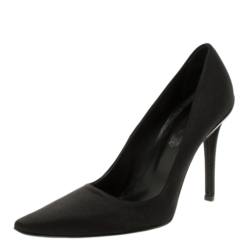 Black Satin Pointed Toe Pumps Size 39.5 