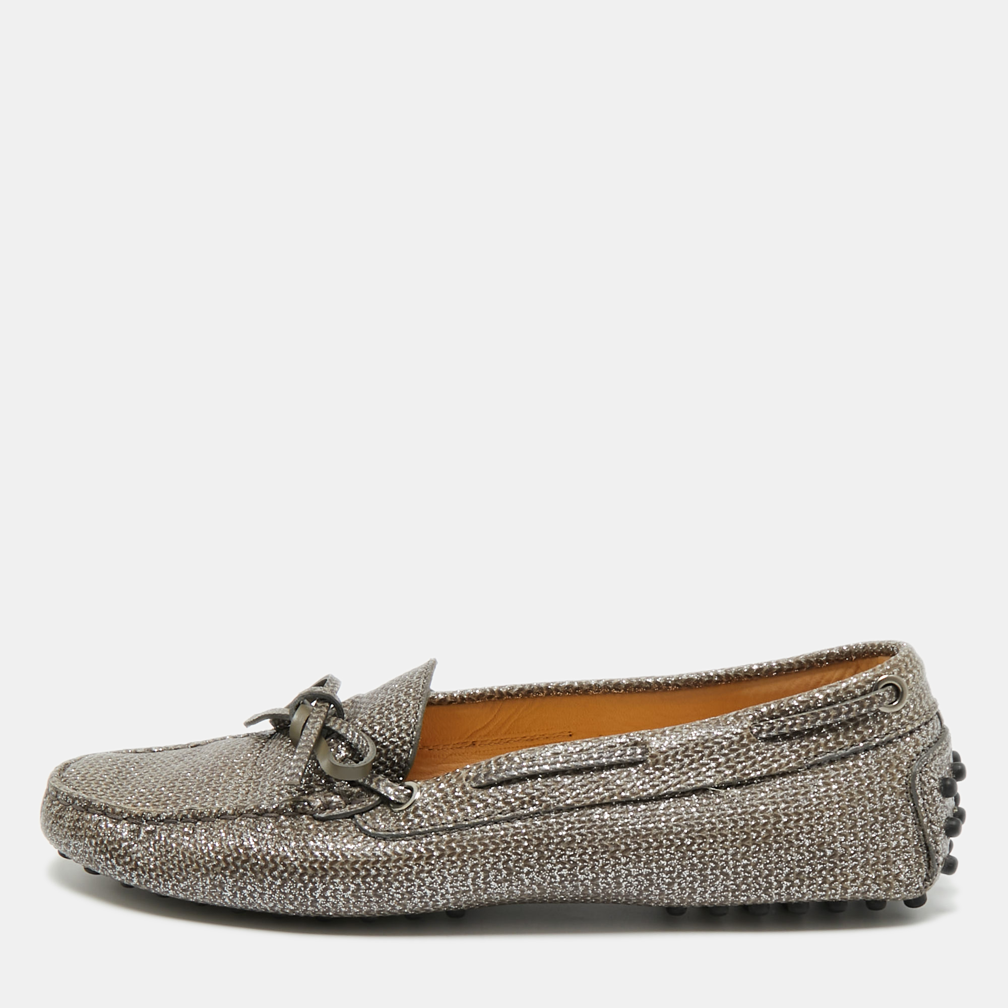 Tod's Metallic Leather Gommino Loafers Size 38