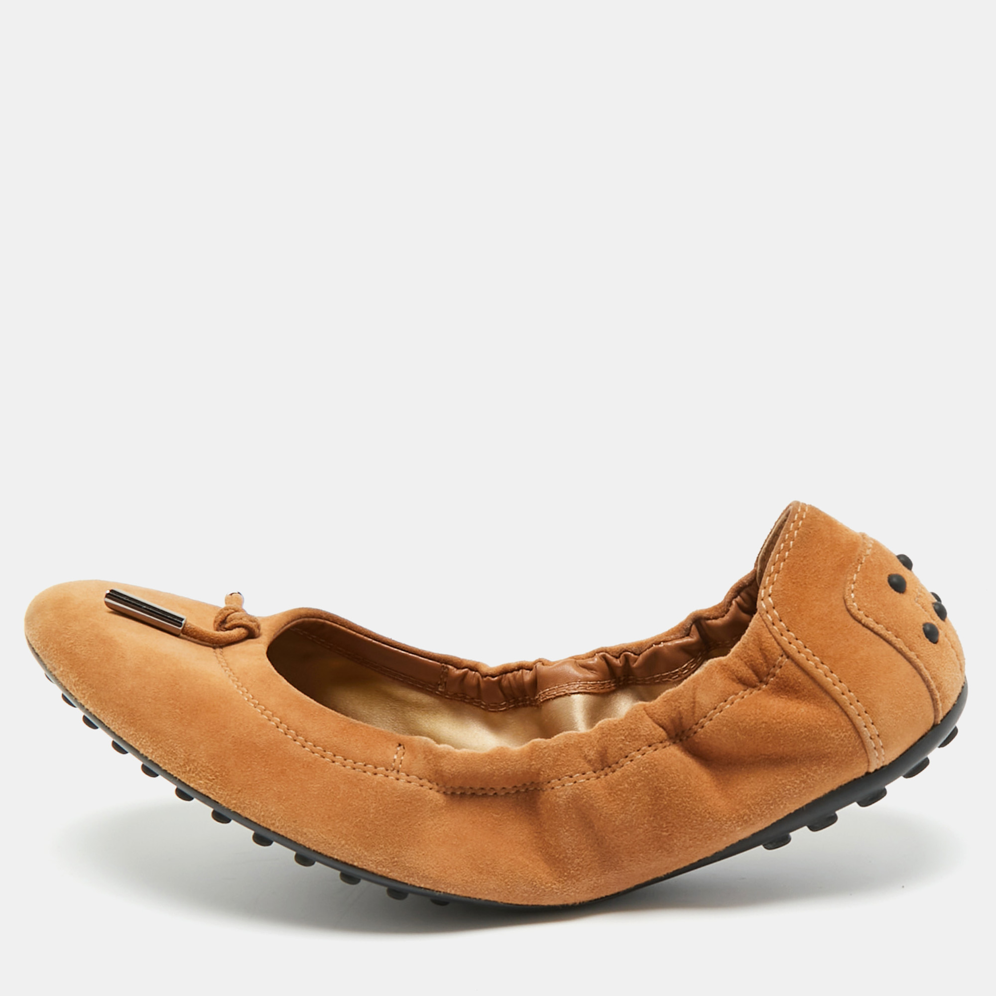 Tod's Beige Suede Bow Scrunch Ballet Flats Size 37.5